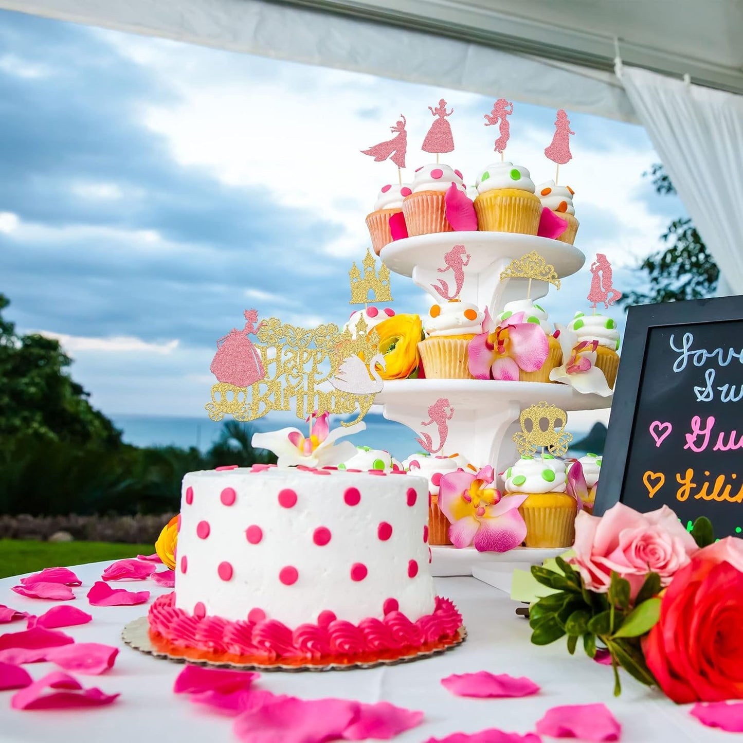 Gyufise 36Pcs Princess Cupcake Toppers Crown Castle Girl Cake Toppers Decorations Birthday Fruits Picks for Princess Girl Babyshower Theme Party Decoration