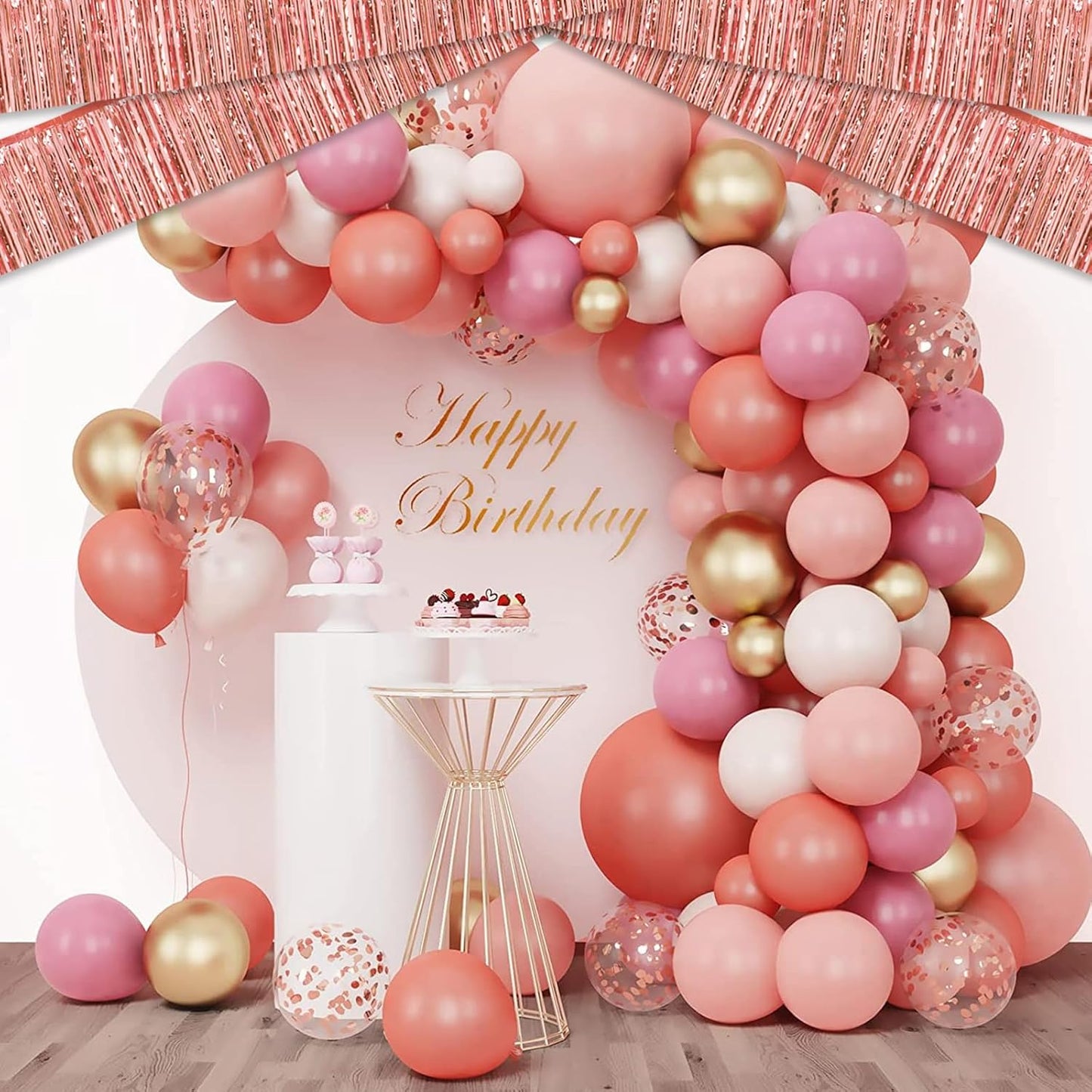 4 Pack 10 Feet Rose Gold Foil Fringe Garland Metallic Tinsel Streamers Banner Wall Hanging Curtain Backdrop for Parade Floats, Wedding, Graduate, Mother's Day, Birthday Party Decoration