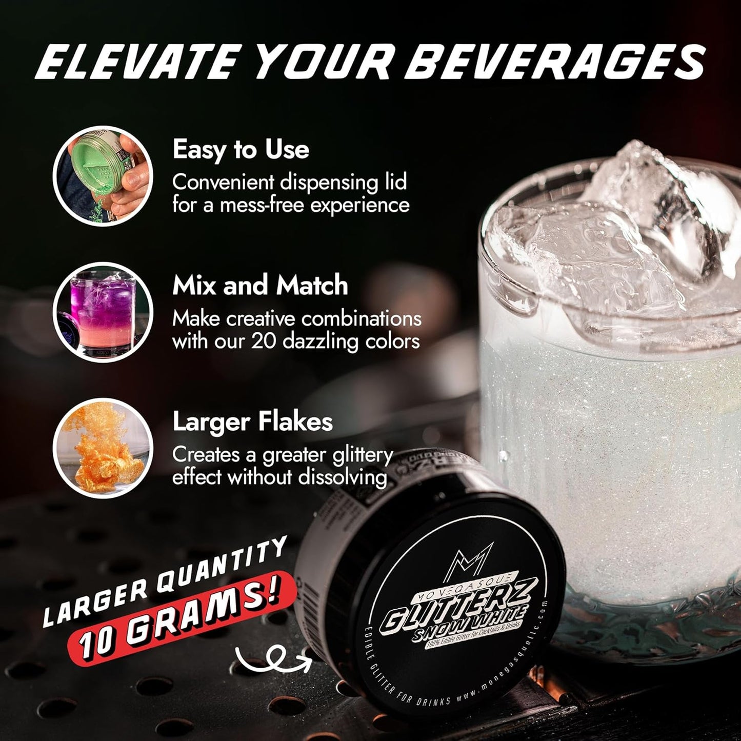 MONÉGASQUE Snow White Edible Glitter for Drinks 10g – White Edible Glitter for Cakes & Halloween Cocktails - Champagne & Cocktail Drink Shimmer - Cake Decorations Spray & Food Decorating Sprinkles