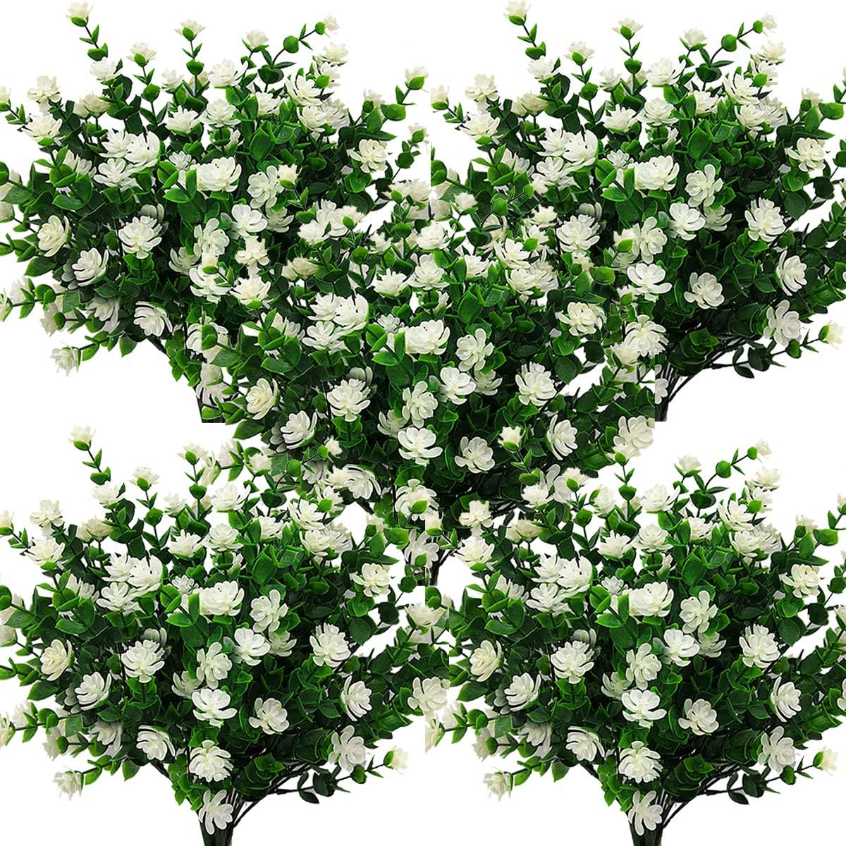 10 Bundles Artificial Fake Flowers, Faux Outdoor Plastic Plants UV Resistant Shrubs Outside Indoor Decorations (White-Eucalyptus)