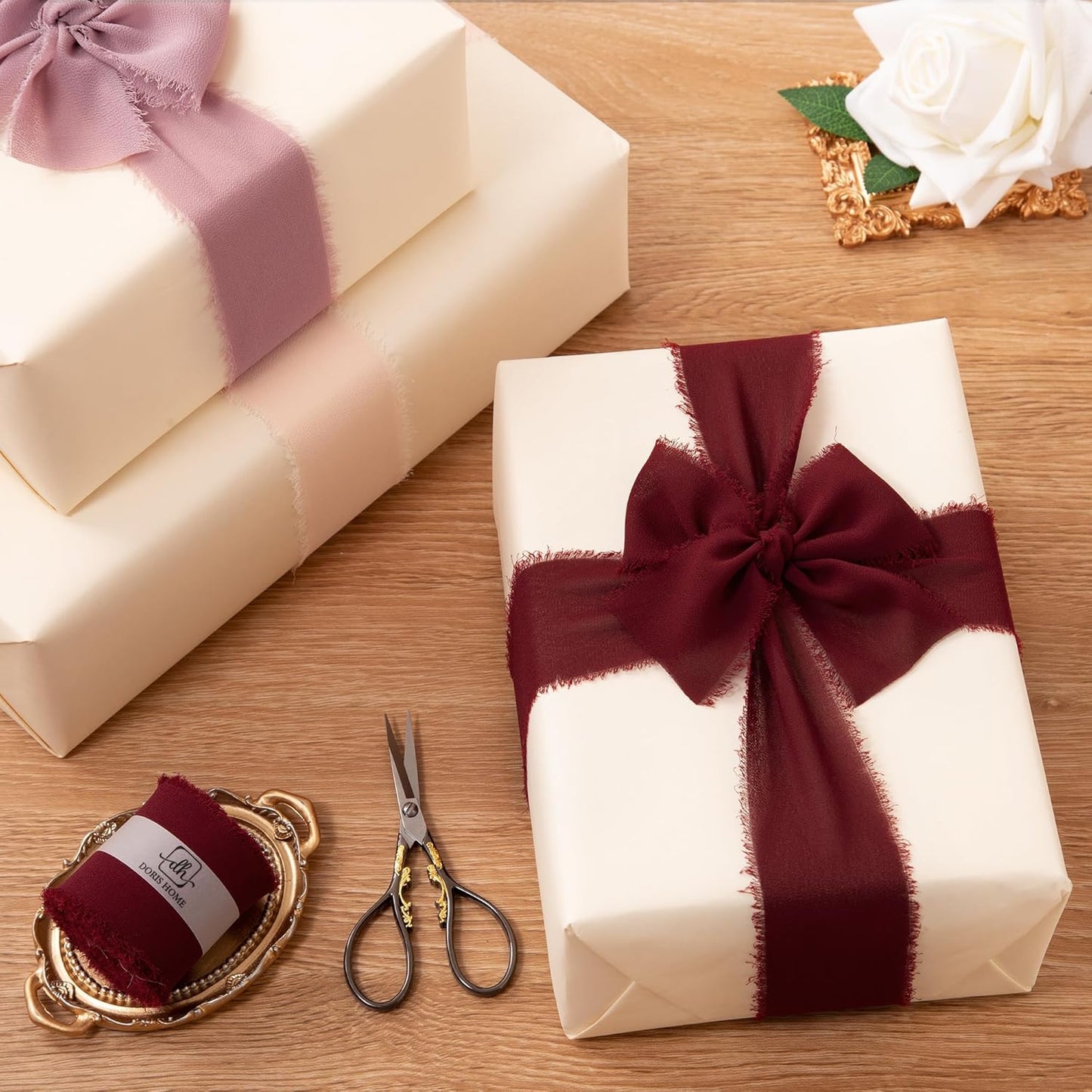 DORIS HOME Burgundy Chiffon Ribbon for Flower Bouquet, 2" x21Yd Fabric Ribbon for Gift Wrapping, Handmade Frayed Ribbon for Wedding, Chiffon Silk Ribbon for Christmas Decorations