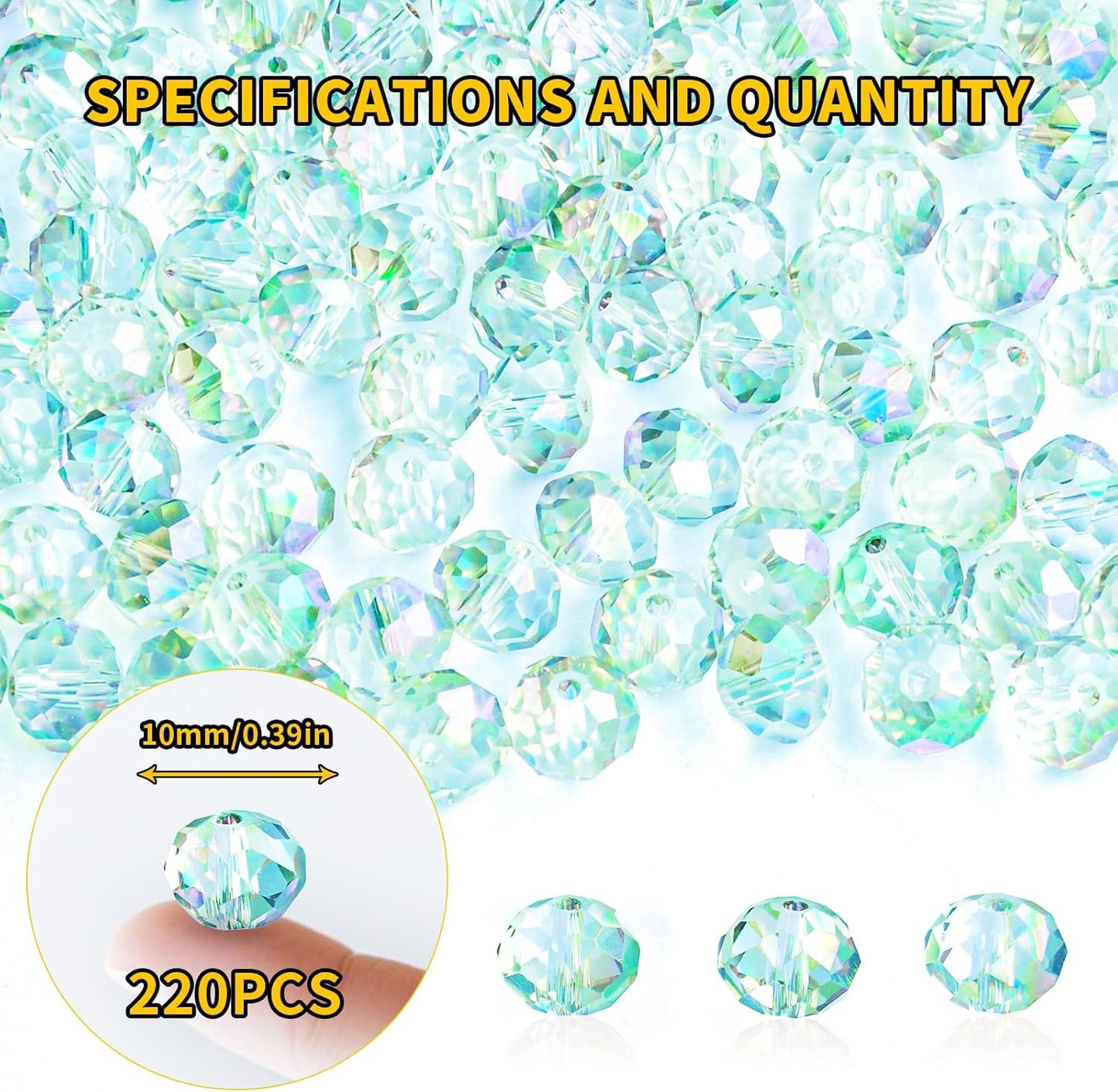 220Pcs 10mm Crystal Glass Beads for Jewelry Making Beads for Bracelets Necklace Pendants Making Supplies(Light Blue Green)