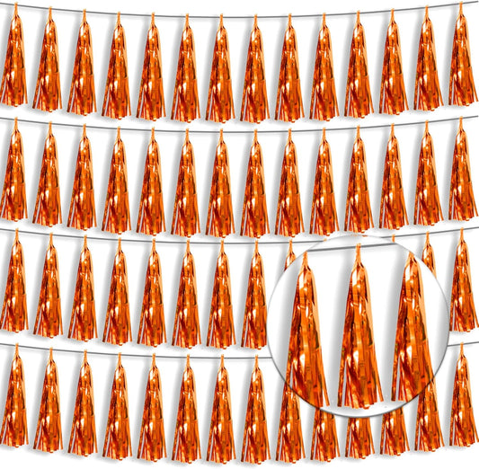 4P Metallic Fringe Tassel Banner Garland Foil Tinsel Streamer Wall Hanging Curtain Backdrop Banner for Parade Floats, Halloween Decorations, Christmas Day, Fall, Thanksgiving Party Decoration(Orange)