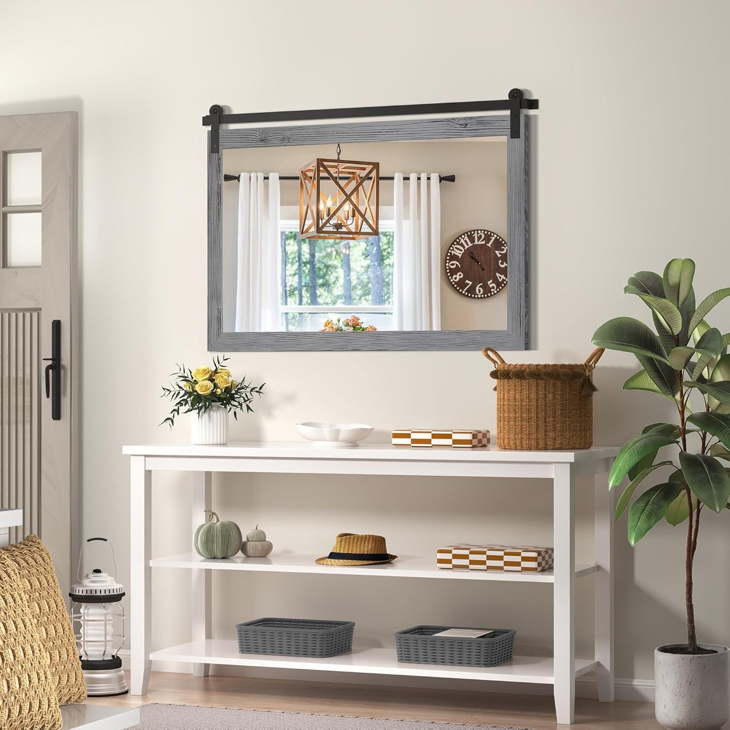 COGOOD Farmhouse Bathroom Mirror - 45 x 30 Rustic Wood Framed Wall Barn Door Mirror for Entryway, Living Room, Entryway Wall Decor (Grey)