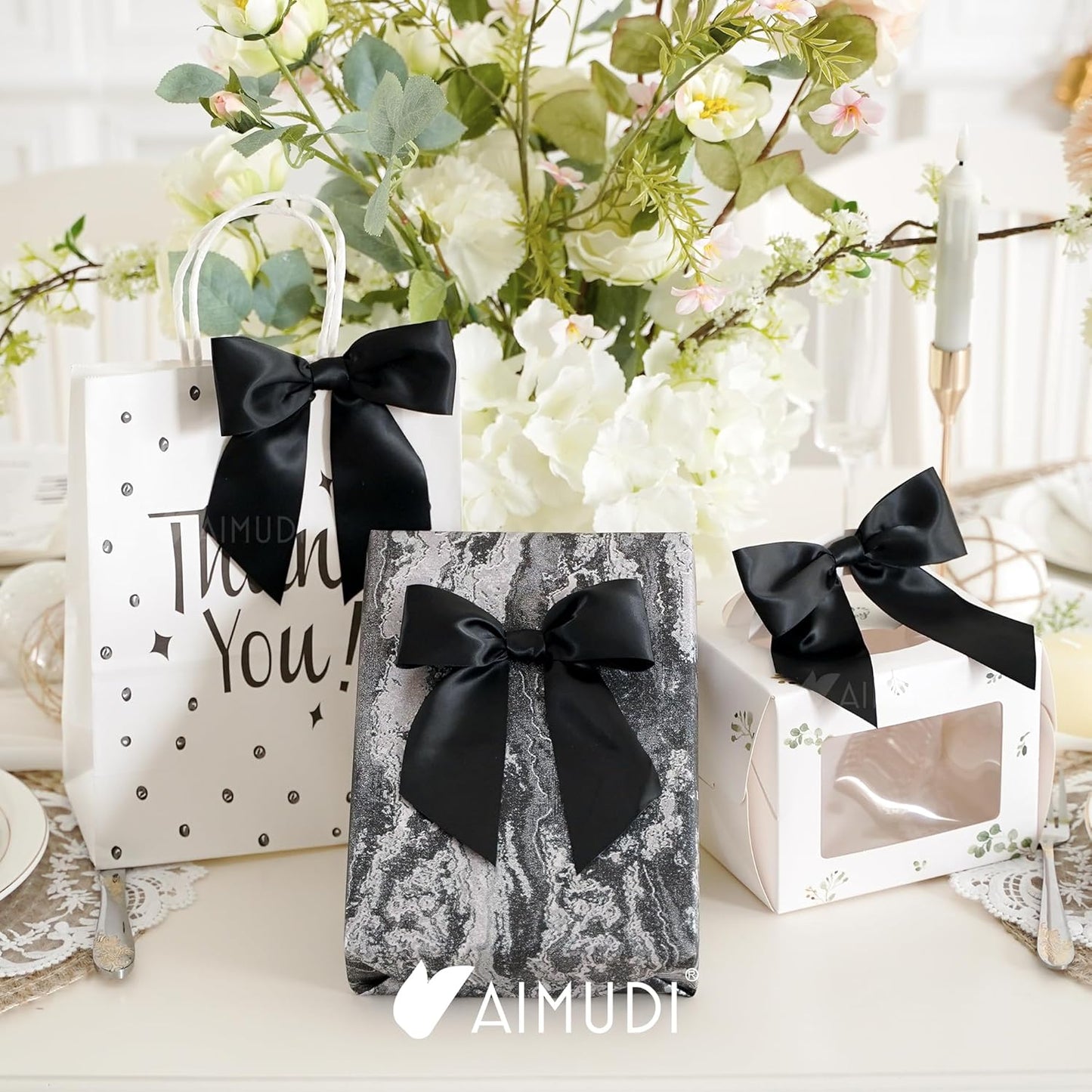 AIMUDI Black Satin Bows 5.5" Bows for Gift Wrapping Satin Twist Tie Bow Premade Ribbon Bow for Treat Bags Invitations Baskets Wreaths Crafts Wedding Birthday Party Baby Shower Decorations, 24 PCs