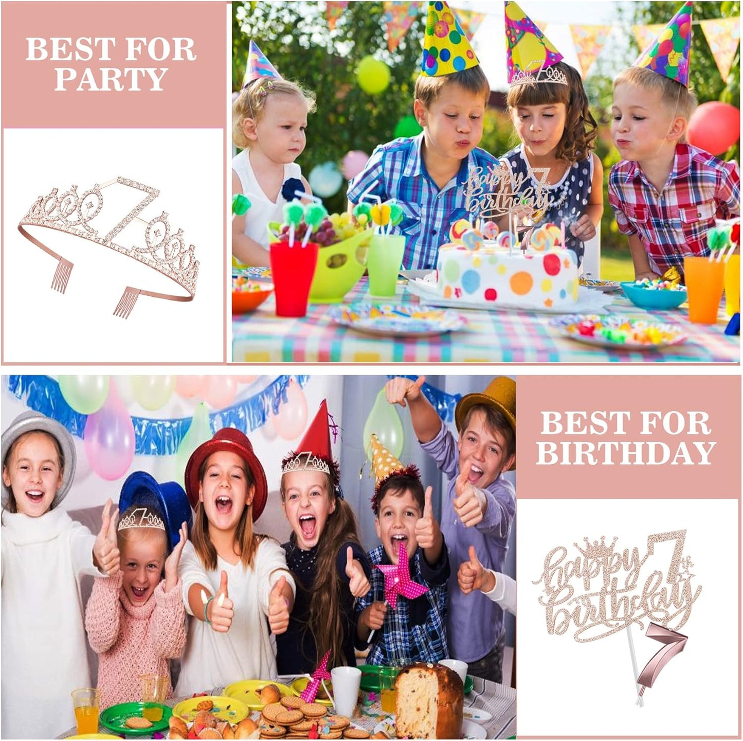 7th Birthday Decorations for Girl with Sash and Tiara, Numeral Candle and Cake Topper, 7 Year Old Birhtday Girls Rose Gold Party Favor Supplies