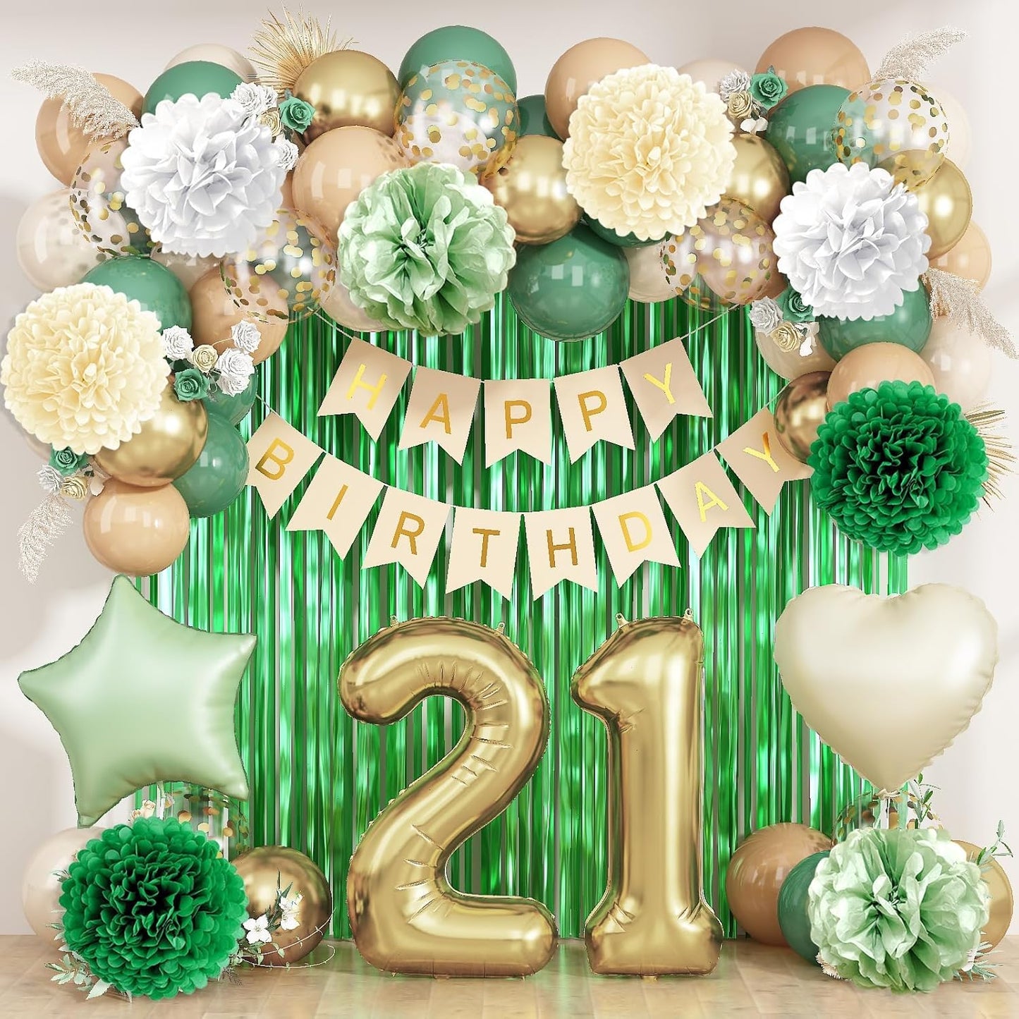 Sage Green 21st Birthday Decorations for Him Gold Number 21 Balloon Nude Gold Happy Birthday Banner Fringe Curtain Paper Pom Poms Olive Green Cream White Sand Star Foil Balloons Party Decor
