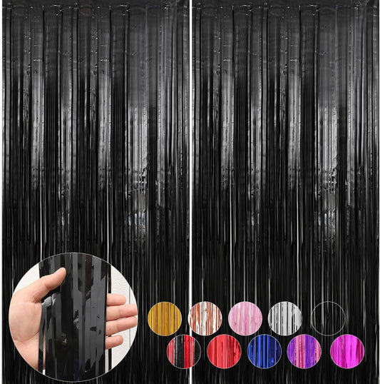 2 Pack Black Foil Fringe Curtains Streamers Party Decorations 3.3 x 8.2 ft, Black Tinsel Curtain Fringe Backdrop for Parties, Door Fringe Birthday Streamers, Photo Booth Backdrops, Party Decor