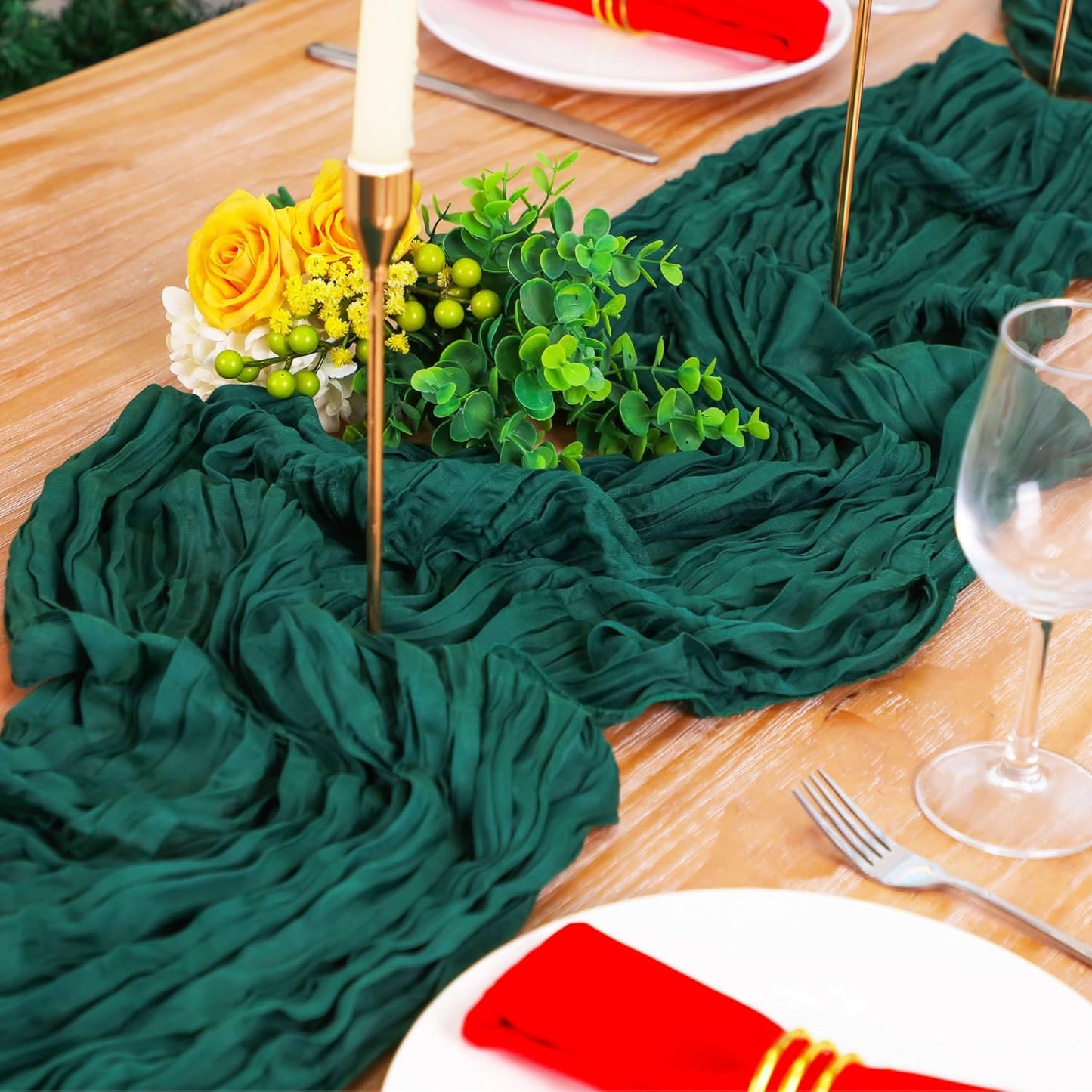 Snowkingdom Emerald Green Table Runner 120 Inch 10 Ft Rustic Boho Dark Green Cheese Cloth Runner for Wedding Bridal Baby Shower Birthday Party Christmas Sheer Gauze Home Table Centerpiece Deocrations
