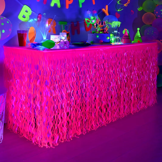 Mega-L Glow in The Dark Party Supplies, 2 Pack Neon Party Decorations Fluorescent Macaron Fuchsia Wavy Metallic Tinsel Foil Fringe Table Skirts, Perfect Table Decors for Glow Birthday Decor