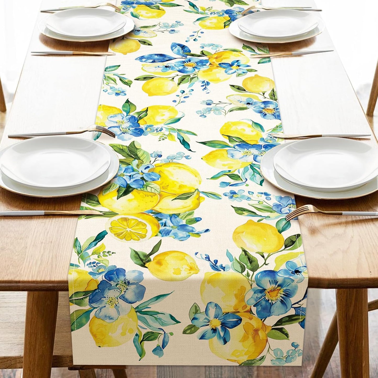 Lemon Blue Flower Dining Table Runner, Spring Summer Fruit Floral Burlap Kitchen Decoration, Seasonal Indoor Outdoor Home Decor Party Supply 13 x 72 Inches