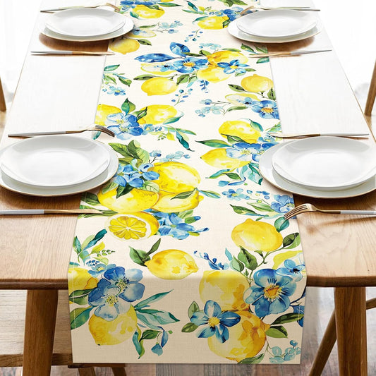 Lemon Blue Flower Dining Table Runner, Spring Summer Fruit Floral Burlap Kitchen Decoration, Seasonal Indoor Outdoor Home Decor Party Supply 13 x 72 Inches