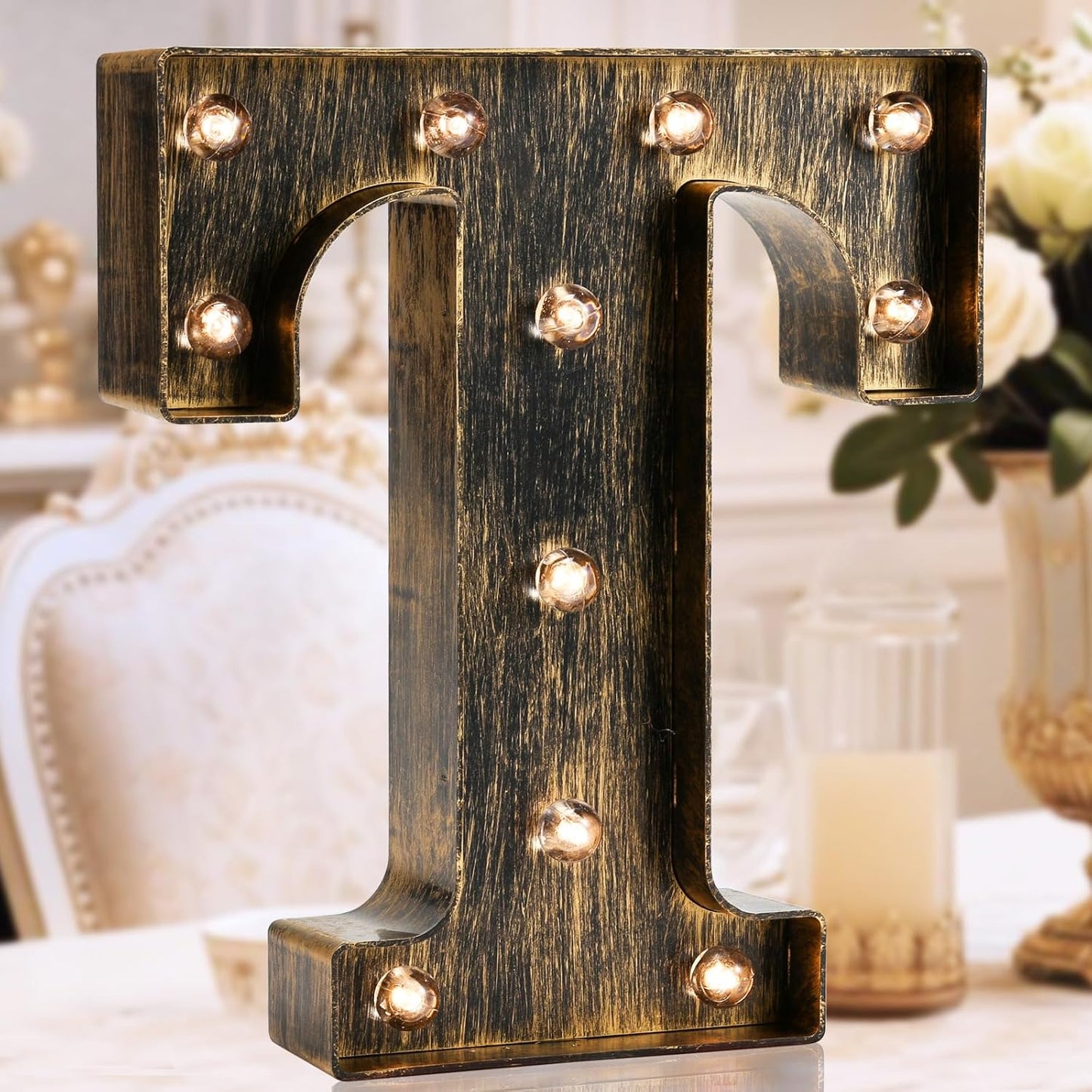 OYCBUZO Golden Black Led Marquee Letter - Industrial, Vintage Style Light Up Alphabet Letter Sign for Cafe Wedding Birthday Party Christmas Lamp Home Bar Initials Decor - T