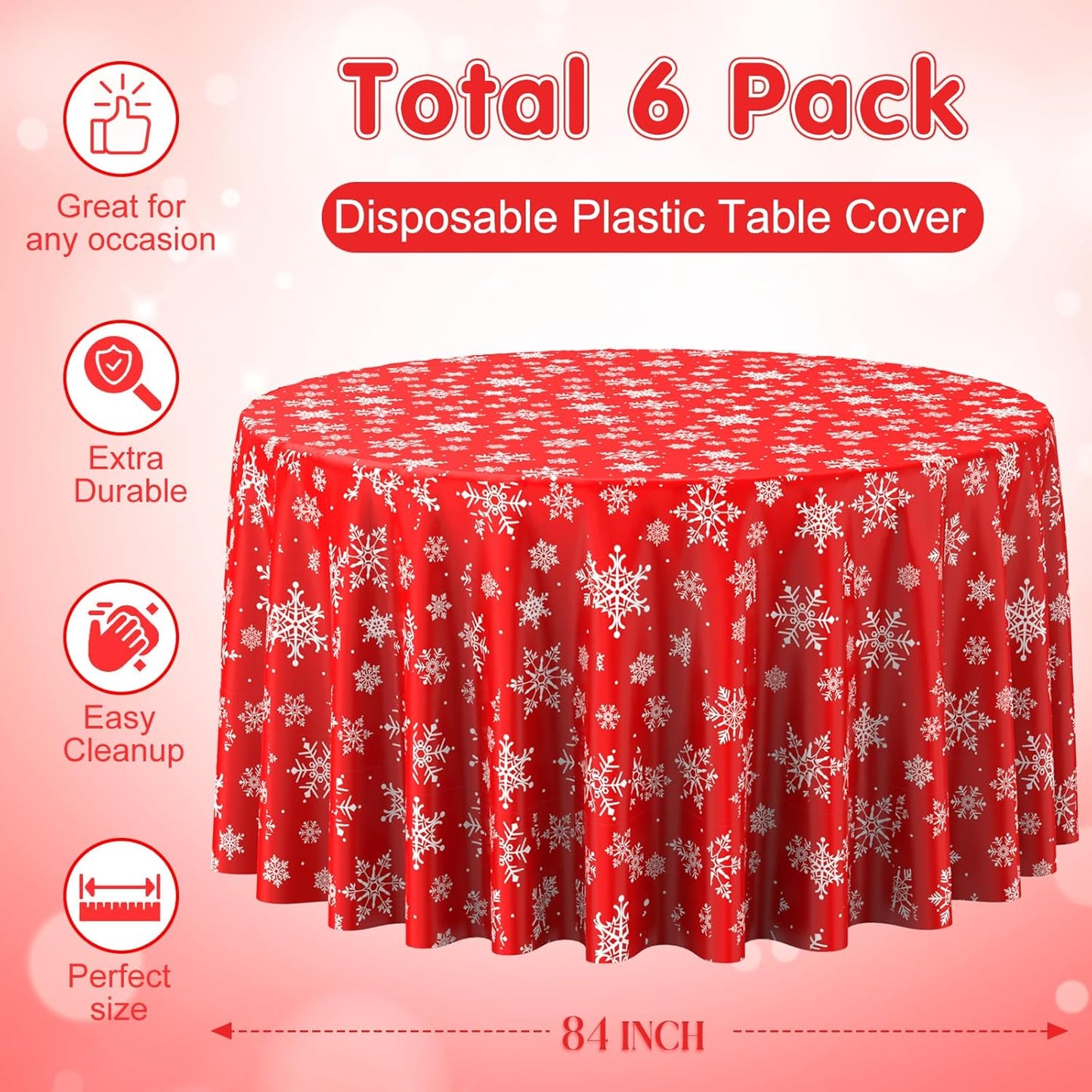 6 Pieces Christmas Snowflake Plastic Party Tablecloth Decorations, Disposable White Snowflake Red Xmas Round Table Cover Backdrop for Winter Christmas Holiday New Year Party Supplies,84 inch (Red)
