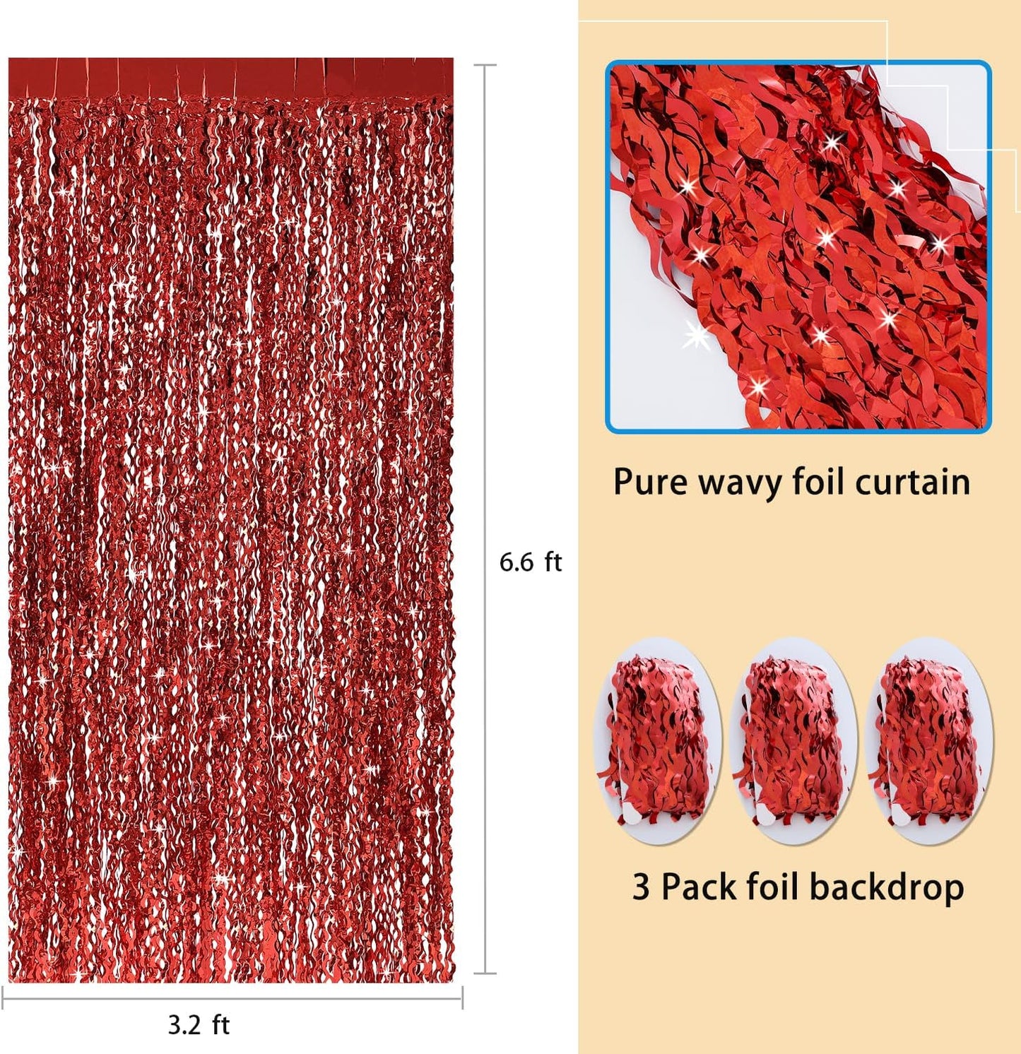 3 Pack Red Aluminium Foil Curtains, 3.3ft x 6.6ft, Wavy Shape, for Party Decorations & Photo Background