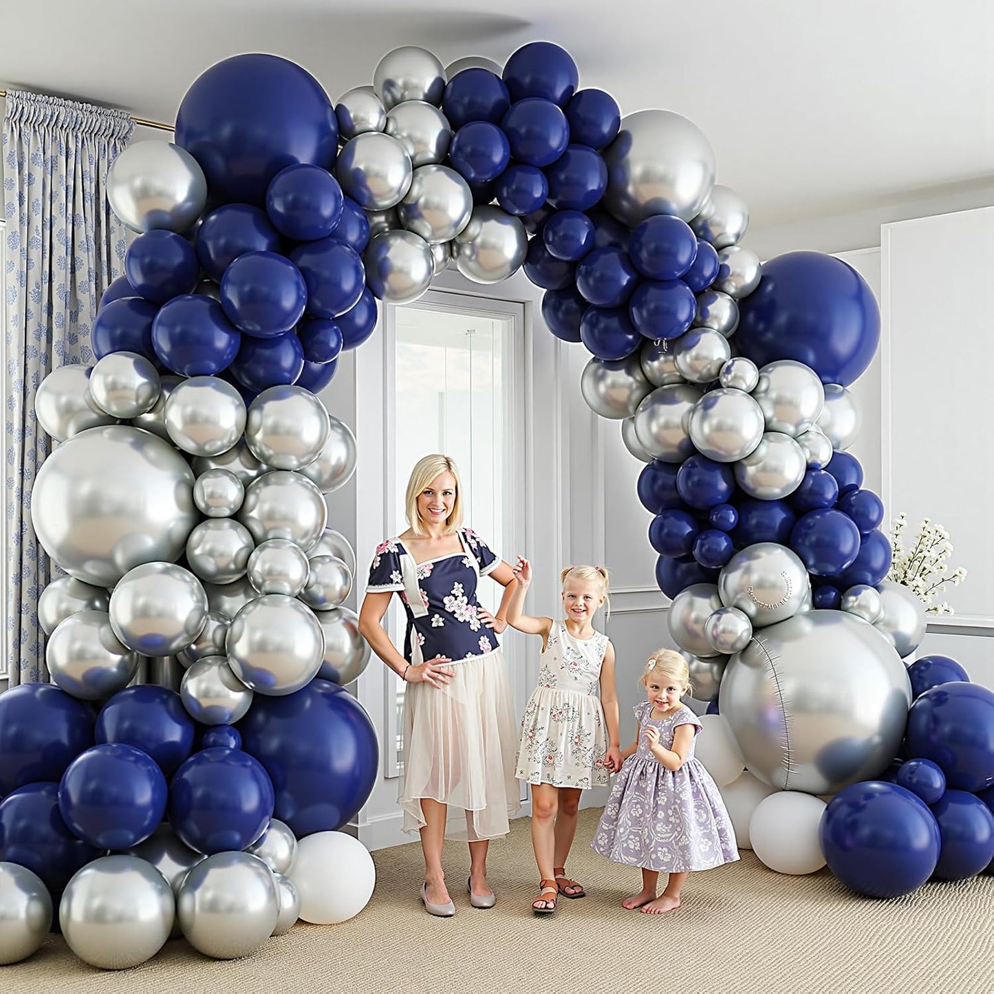 412Pcs Navy Blue and Silver Balloons Arch Garland Kit,5 10 12 18 inch Navy Blue White Silver Balloons for Birthday Wedding Graduation Anniversary Decorations