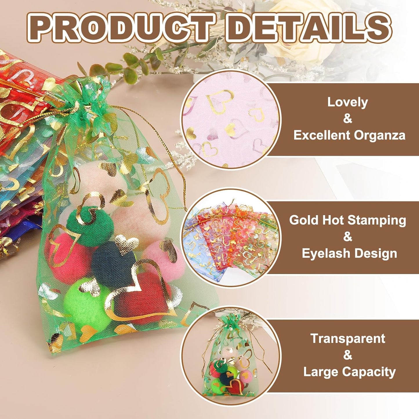 PATIKIL 100 Pcs 5x7 Inch Heart Printed Organza Bags, Orange Sheer Heart Organza Bags with Drawstring for Christmas Candy Jewelry Party Wedding Favor Gift