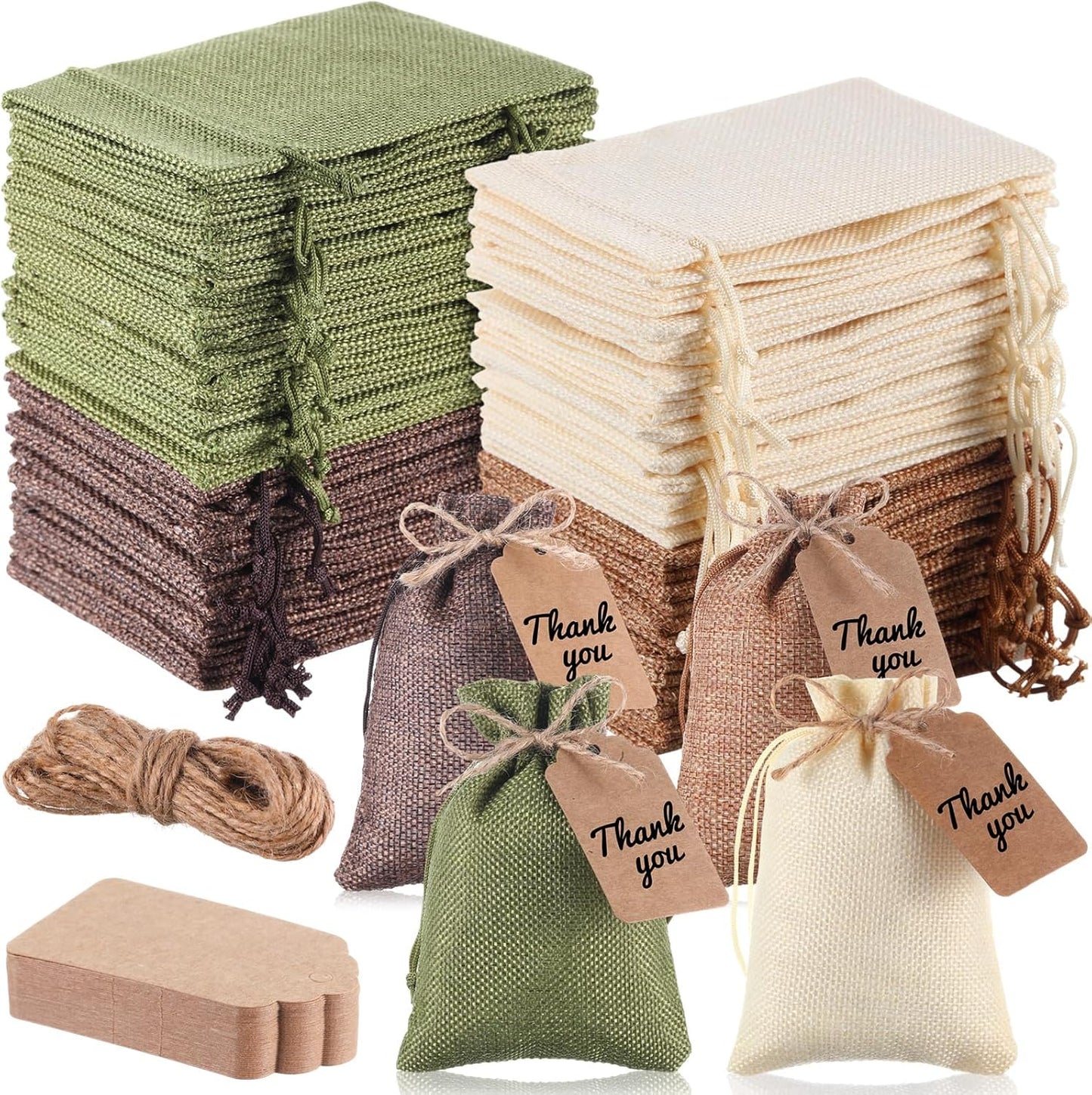 Woanger 100 Pcs Burlap Gift Bags with 100 Pcs Kraft Paper Gift Tags with Drawstring Favor Bulk Burlap Sack Bags for DIY Wedding Party Craft (4 x 6 Inch,Beige, Medium Brown, Dark Brown, Military Green)