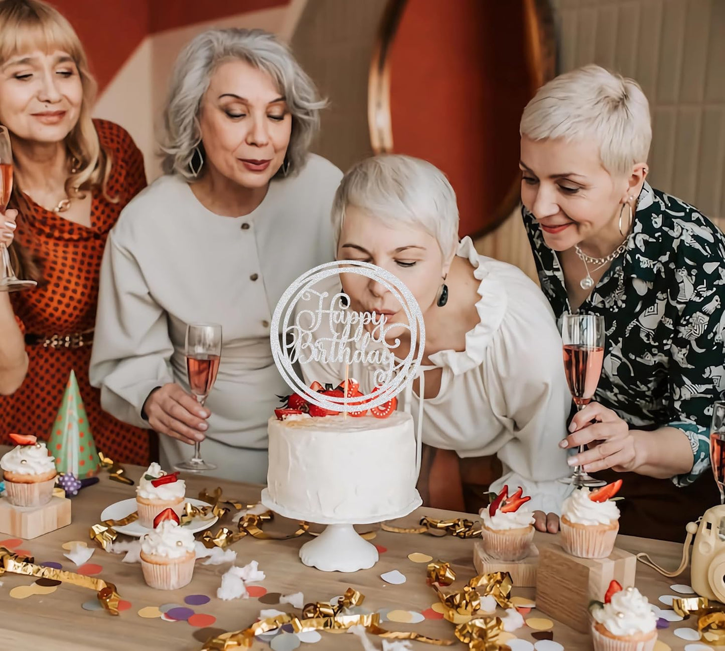 Happy Birthday Cake Topper - Silver Glitter Happy Birthday Cake Decoration Supplies for Children or Adults - Happy Birthday Cake Bunting Decor, Photo Booth Props