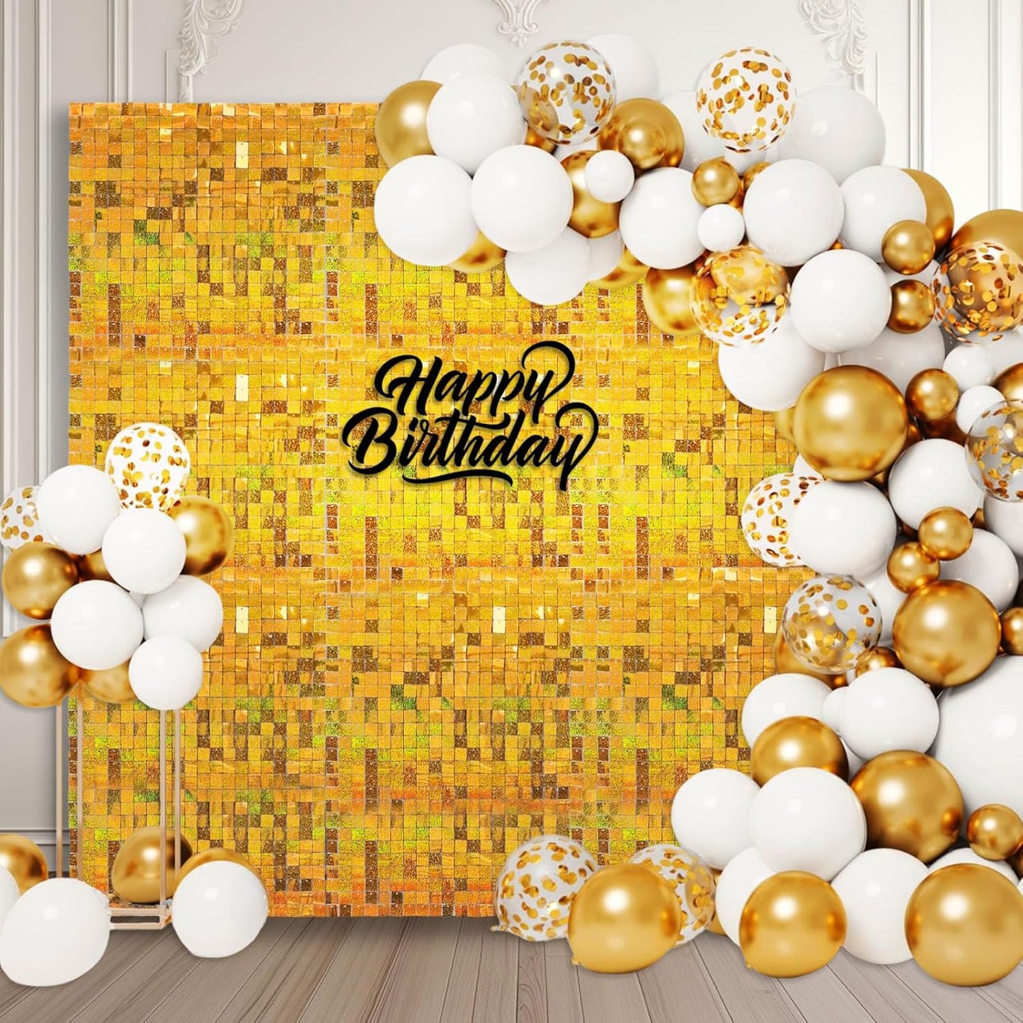 24PCS Gold Shimmer Wall Backdrop, Laser Square Sequin Photo Backdrops Panel, Glitter Wall Background for Birthdays, Weddings, Christmas, Engagements, Disco Bachelorette Party Decoration (4FTx6FT)
