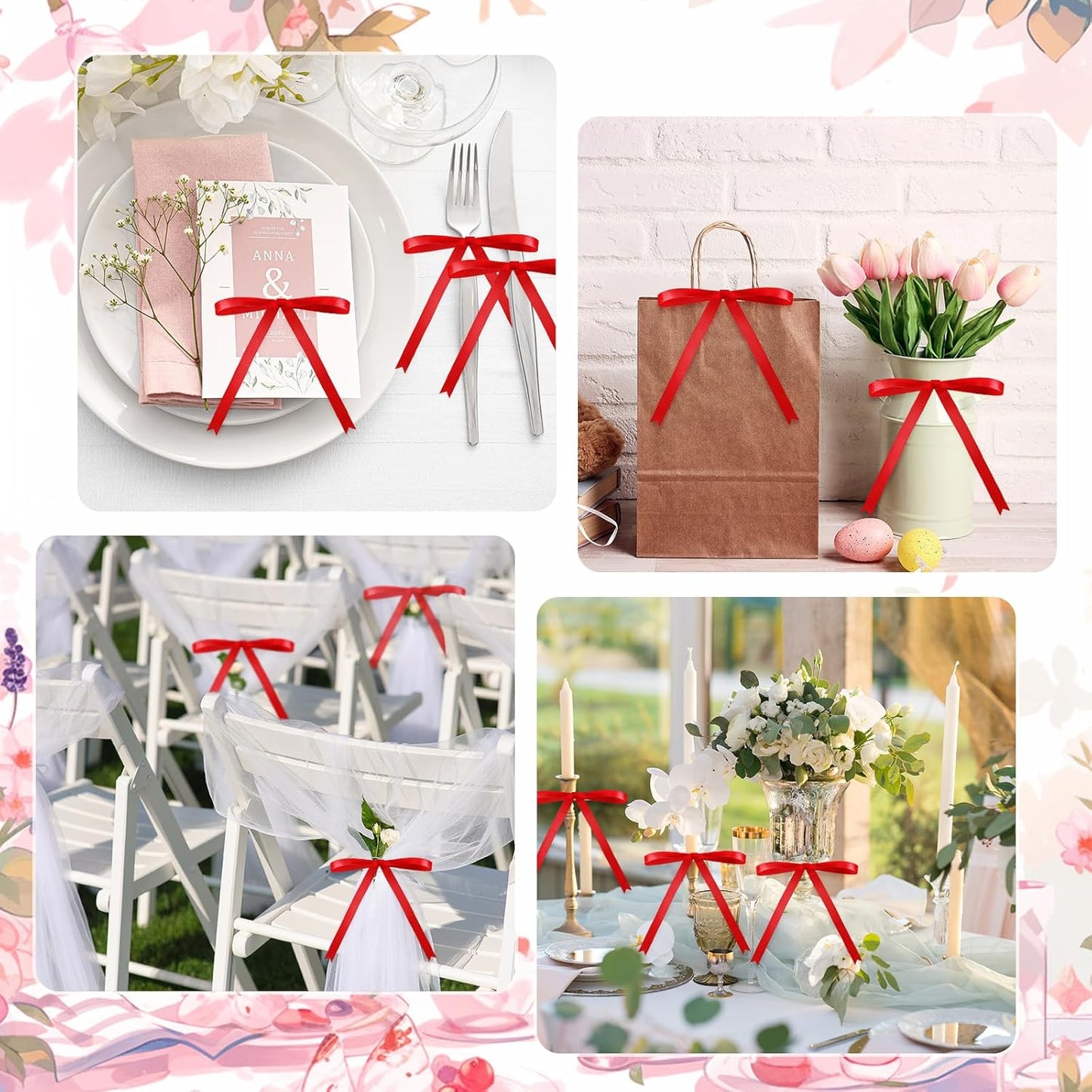 Riceshoot 100 Pcs Twist Tie Bows Bulk 5x7 Inch Satin Ribbon Bows for Gift Wrapping Cake Treat Bags Craft DIY Gift Wedding Baby Shower Birthday Party (Red)