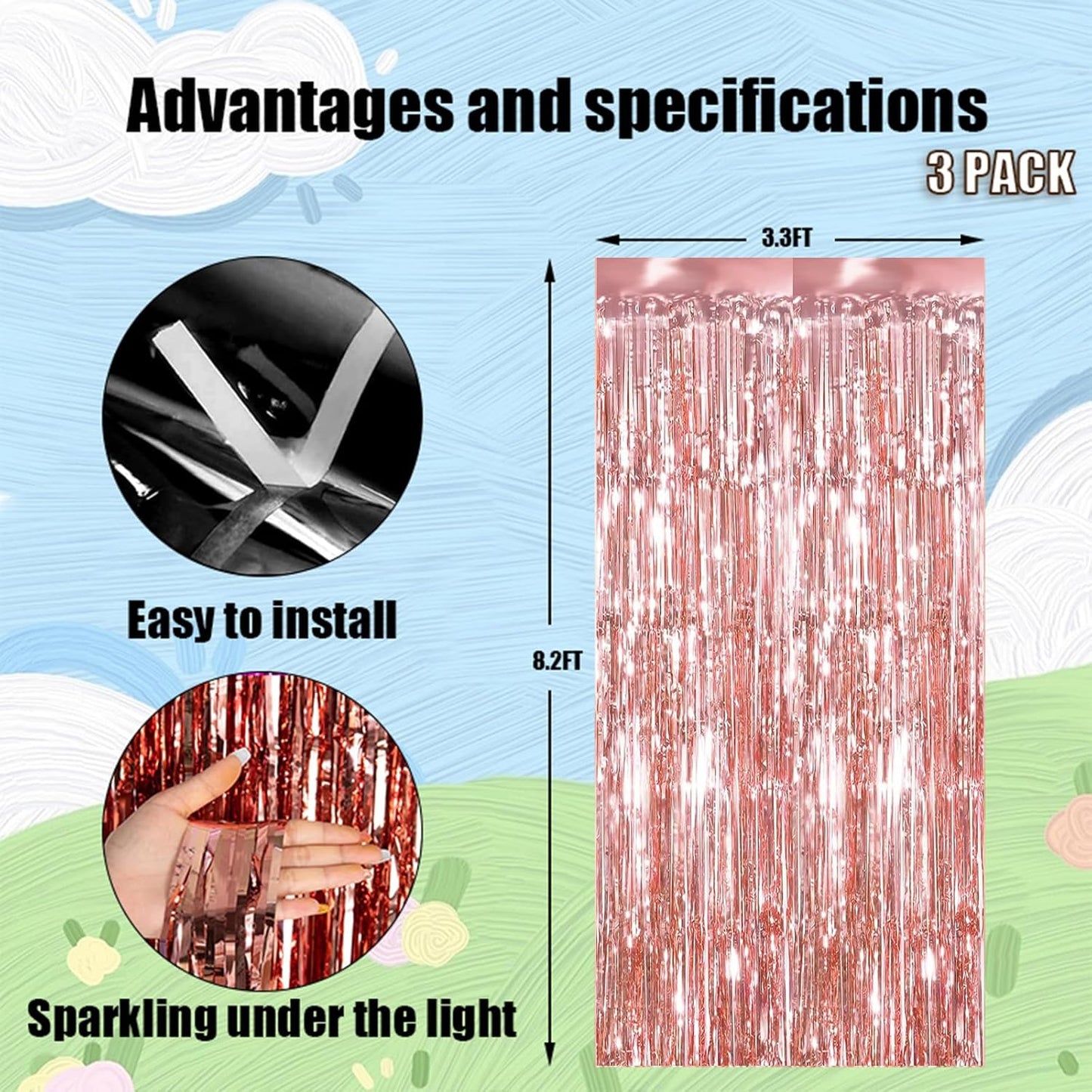 Keyali 3 Pack 3.3 * 8.3 ft Foil Curtain Metallic Tinsel Fringe Curtains Photo Booth Props Backdrop for Birthday Wedding Engagement Baby Shower Christmas Holiday Celebration Partyl,Rose Gold