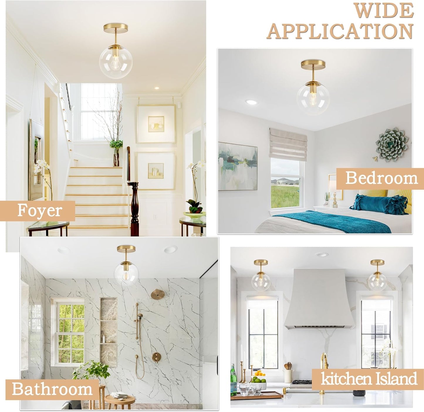 Globe Semi Flush Mount Ceiling Light, Clear Glass with Brass Finish, Contemporary Mid Century Modern Style Lighting Fixture Gold(12W 2700K LED Corn Bulb Included)