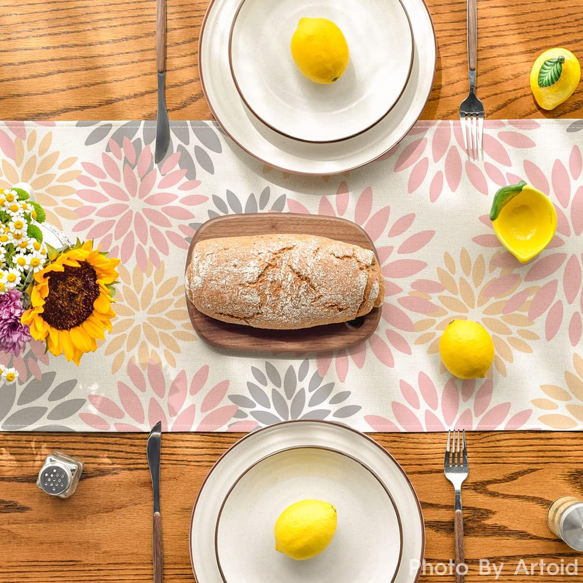 Artoid Mode Pink Dahlia Floral Pinnata Summer Table Runner, Spring Kitchen Dining Table Decoration for Home Party Decor 13x72 Inch