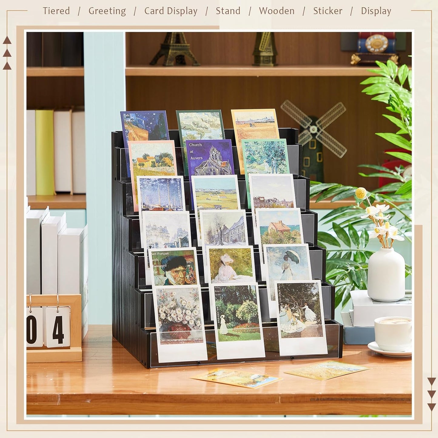 6 Tier Greeting Card Display Stand Black Bamboo and Acrylic Sticker Display Stand Trading Card Holder Retail Photos Shelf for Vendors Craft Collection & Show