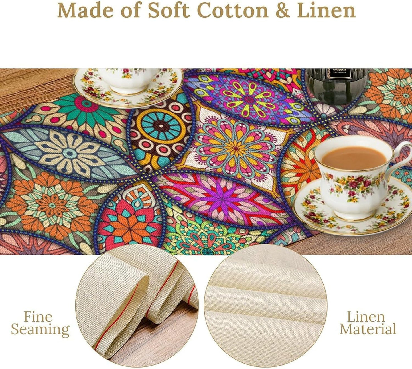 Boho Floral Table Runner,Colorful Flower Retro Bohemian Table Cloth Kitchen Dining Table Home Party Decoration 13x36 Inch