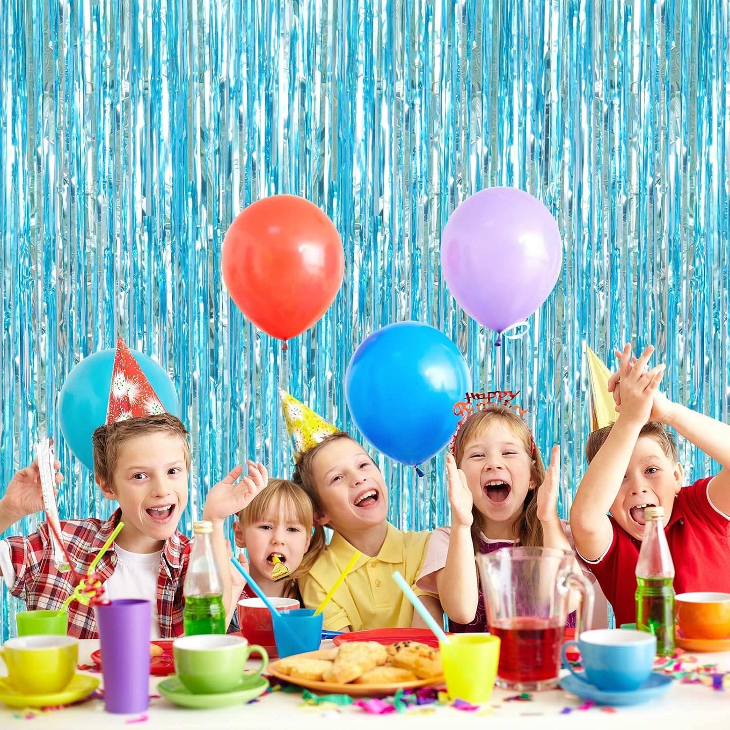 2 Pack Light Blue Fringe Curtains Foil Shiny Fringe Backdrop Tinsel Door Streamers Foil Curtains for Birthday Wedding Engagement Bridal Shower Celebration Party Decorations Large