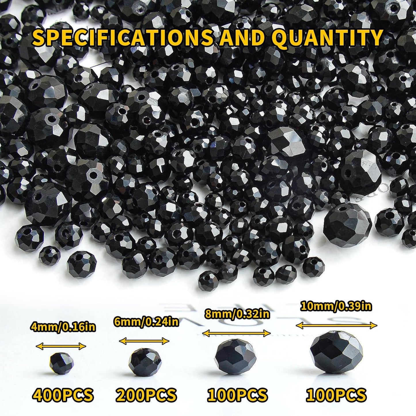 800Pcs 4/6/8/10mm Round Crystal Glass Beads for DIY Jewelry, Ideal for Bracelets, Necklaces, Pendants, and Handmade Craft Projects(Black)