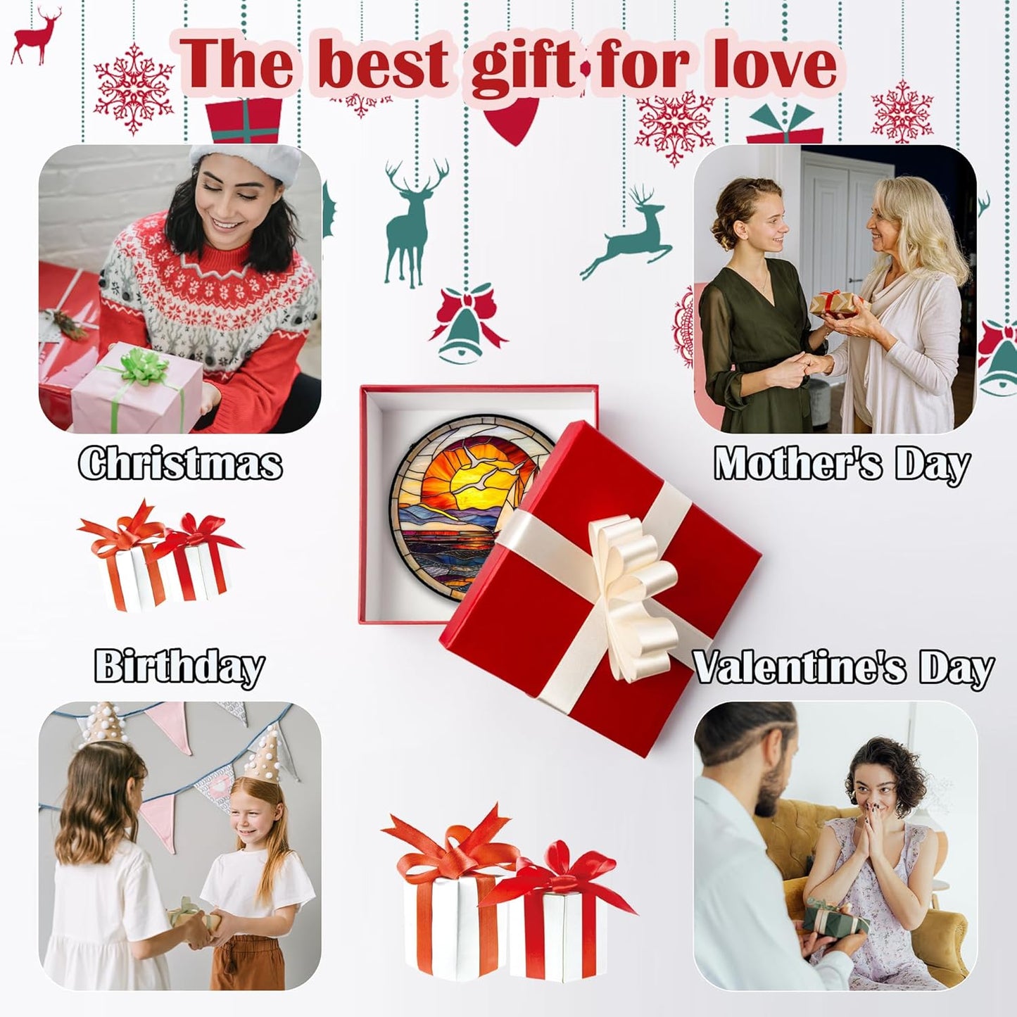 Stained Glass Window Hanging, Sun Ocean Sailboat Seagull Abstract Suncatcher Diamond Glass Panel Sun Catchers Decor for Birthday for Women, Men, Wife, Aunt, and Mom 14.9x14.9 in