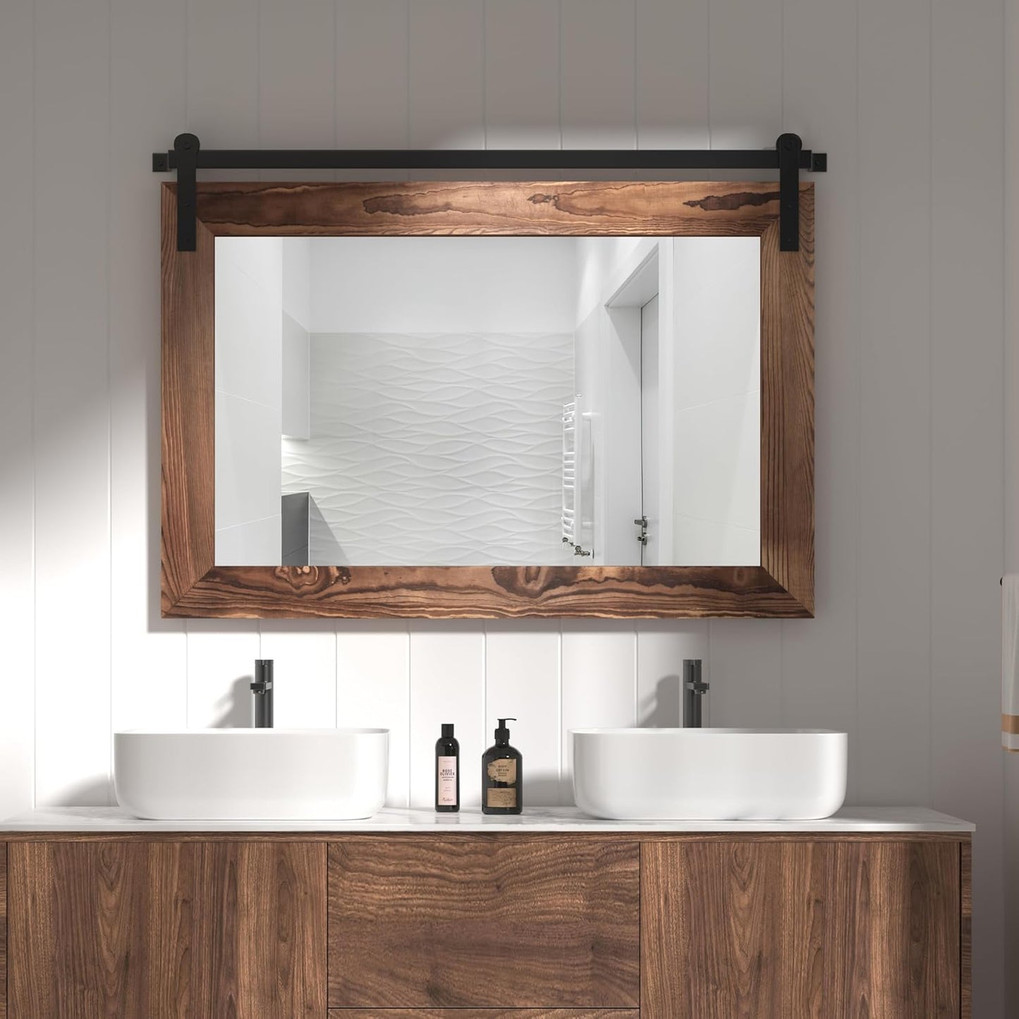 COGOOD Farmhouse Bathroom Mirror - 41" x 30" Rustic Barn Door Mirror for Living Room, Entryway, Bedroom, Vanity Wall Decor (Brown)