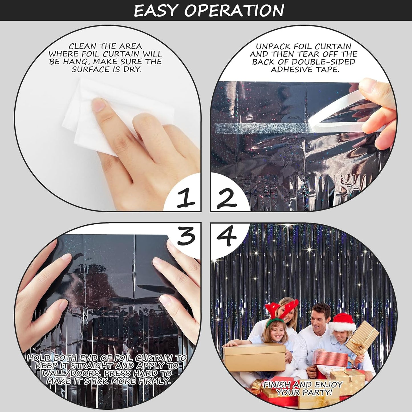 QRabbit 4 Pack Black Tinsel Foil Fringe Curtains - 3.3x6.6 Ft Metallic Party Streamers Backdrop for Birthday Wedding Christmas Party Decor, Self-Adhesive Photo Booth Wall Door Decorations