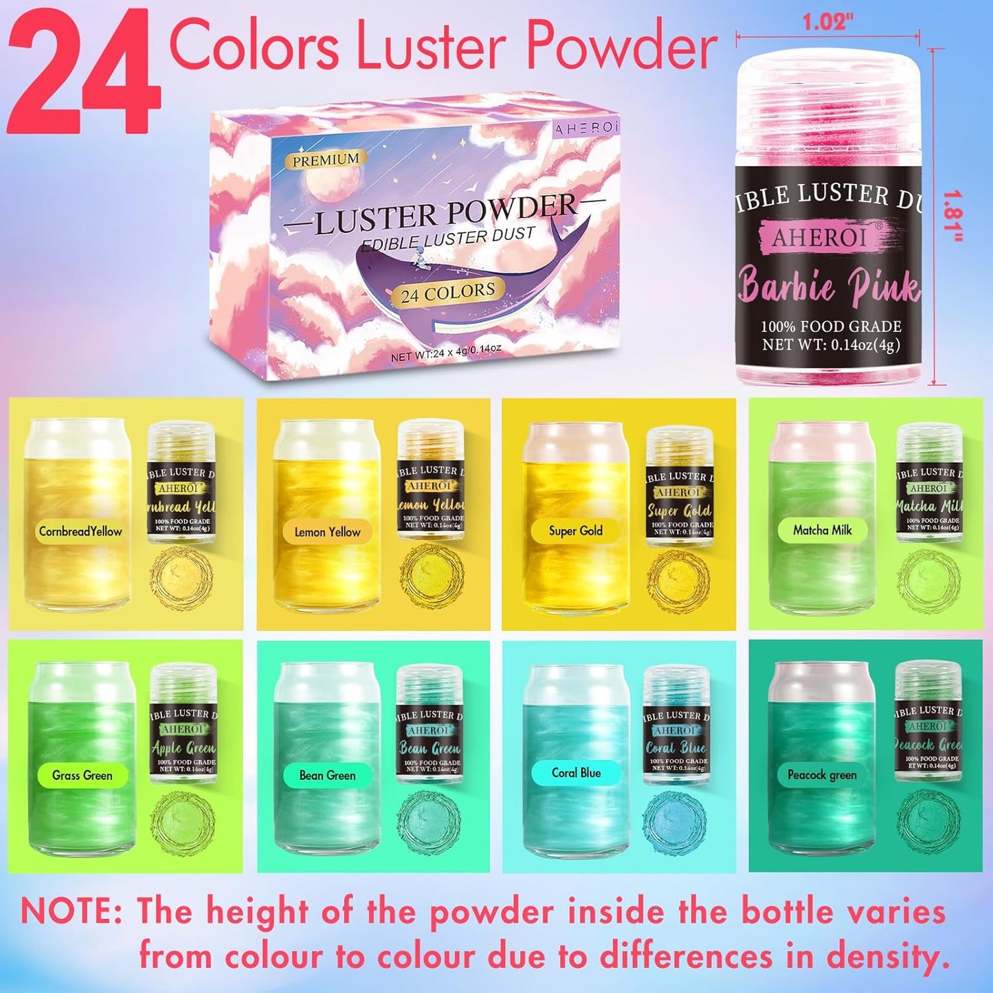 Aheroi Edible Glitter, 24 Colors Luster Dust Edible, Cocktail Glitter Luster Dust Sprinkles Drink Glitter Set, Shimmering Glitter Powder Glitter for Fondant Cake Chocolate Cocktail Candy（4g/0.14oz）