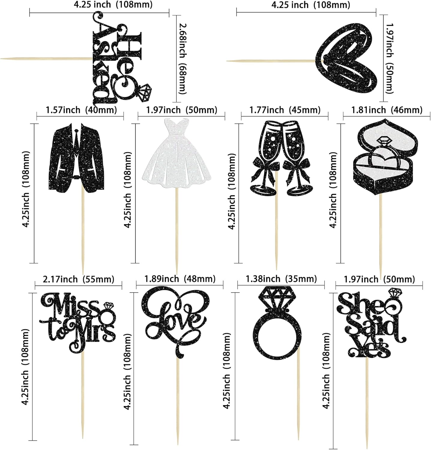 Gyufise 30Pcs She Said Yes Cupcake Toppers Glitter Diamond Ring I Do Love Cupcake Picks Miss to Mrs He Asked Bridal Shower Wedding Engagement Bachelorette Cake Decoration Black