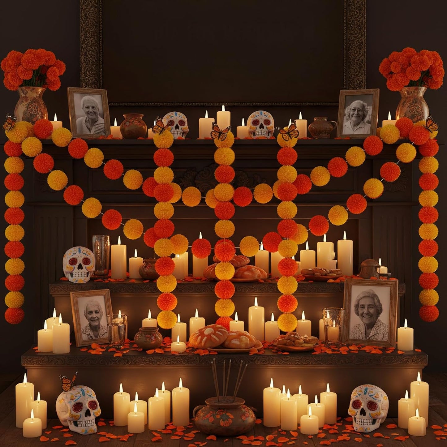 Marigold Garland for Decoration 5 Packs × 5ft Artificial Marigold Garlands Vibrant Orange Yellow Faux Flowers Includes 10 Butterfly Accents for Diwali Pooja Wedding Indian Decor