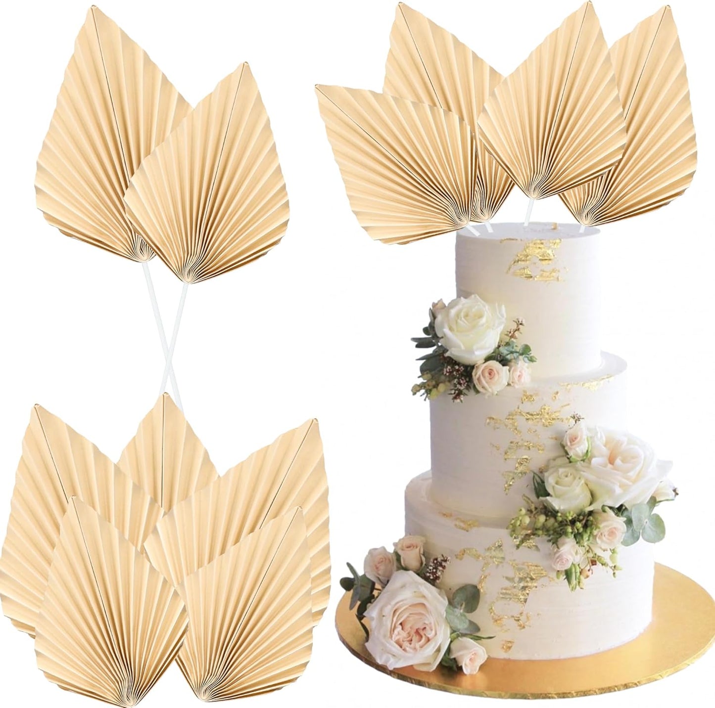 Ephlyn 6Pcs Paper Palm Fan Cake Topper Palm Spear Leaves Fan Cake Pick for DIY Craft Project Bridal Shower Wedding Bridal Shower Birthday Anniversary Party Cake Decorations Khaki