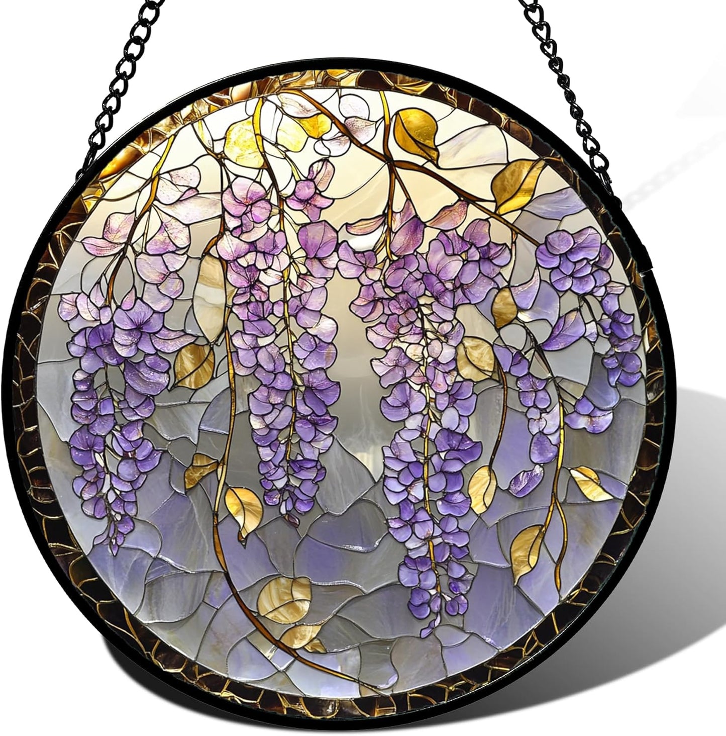 Stained Glass Window Hanging - Wisteria Flower Golden Leaves Sun Catcher for Door Home Decor Plant Suncatcher Christmas Mother's Day Birthday Gifts for Women Men Lovers Mom Nana 9.8 in