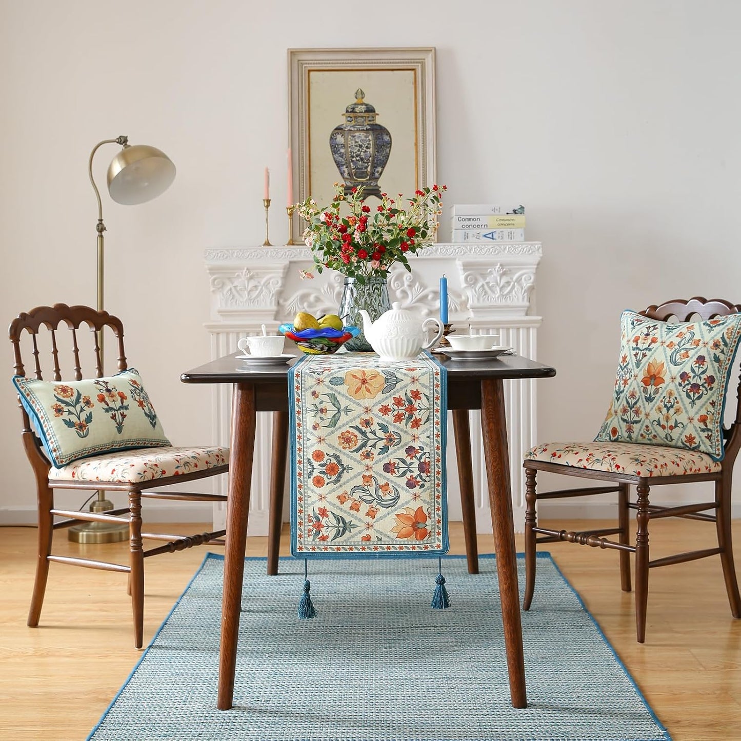 ISAENNE Designer Bohemian Elegant Linen Extra Long Table Runner 118 Inches,Colorful Flower Pattern Table Runners for Dining Tables,Thanksgiving,Kitchen Tables,Christmas,12"*118"-Floralsea A