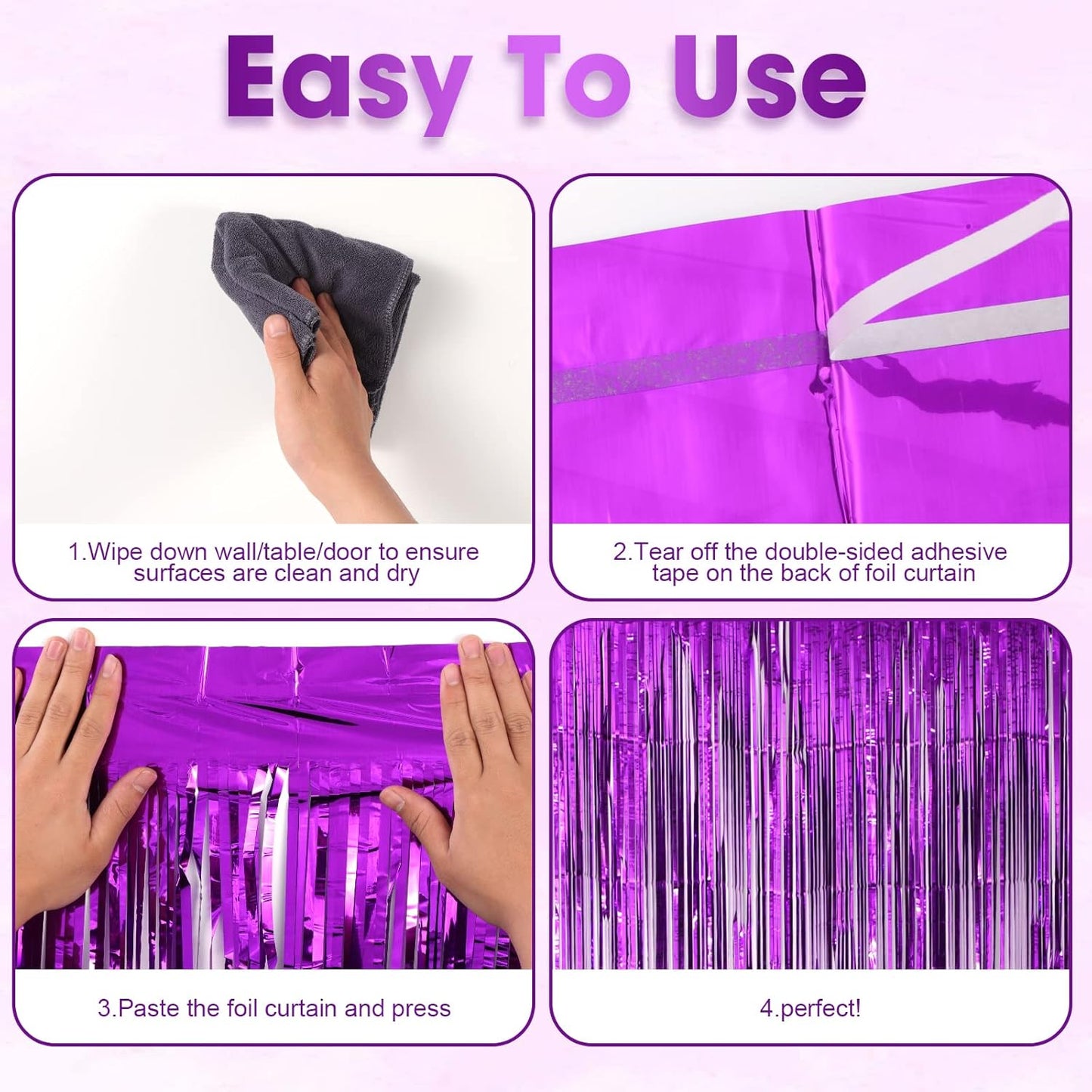 4 Pack Purple Foil Fringe Backdrop Curtains, Tinsel Streamers Birthday Party Decorations, Fringe Backdrop for Graduation, Baby Shower, Gender Reveal, Disco Party