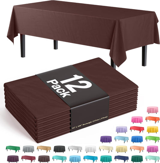 Exquisite 12-Pack Premium Plastic Tablecloth 54in. x 108in. Rectangle Table Cover - Brown