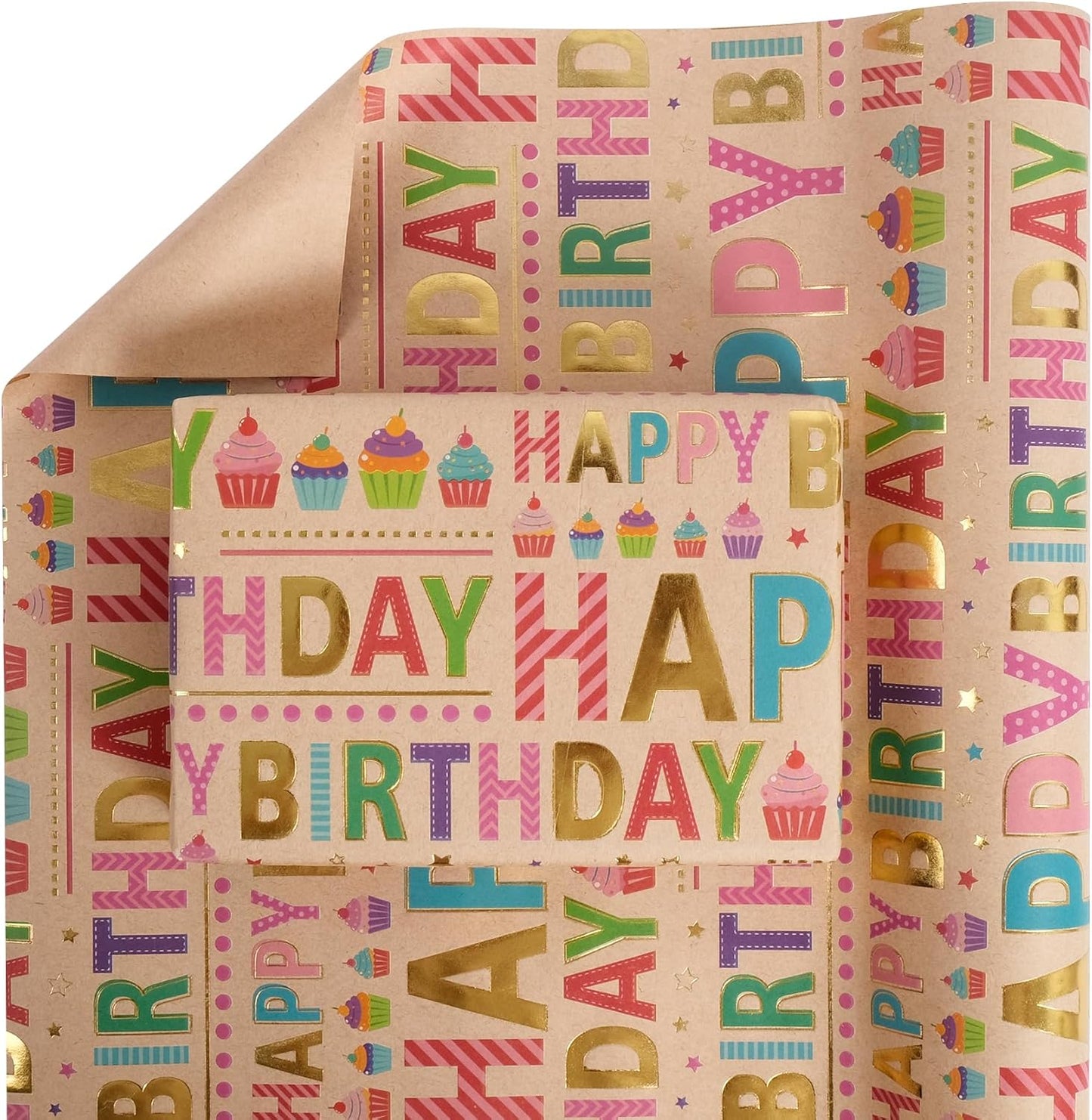 Aimyoo Colorful Birthday Wrapping Paper Roll - 17 Inch X 16.4 Feet - Gold Foil Happy Birthday Lettering & Cupcake Design Gift Wrap for Kids, Baby Showers