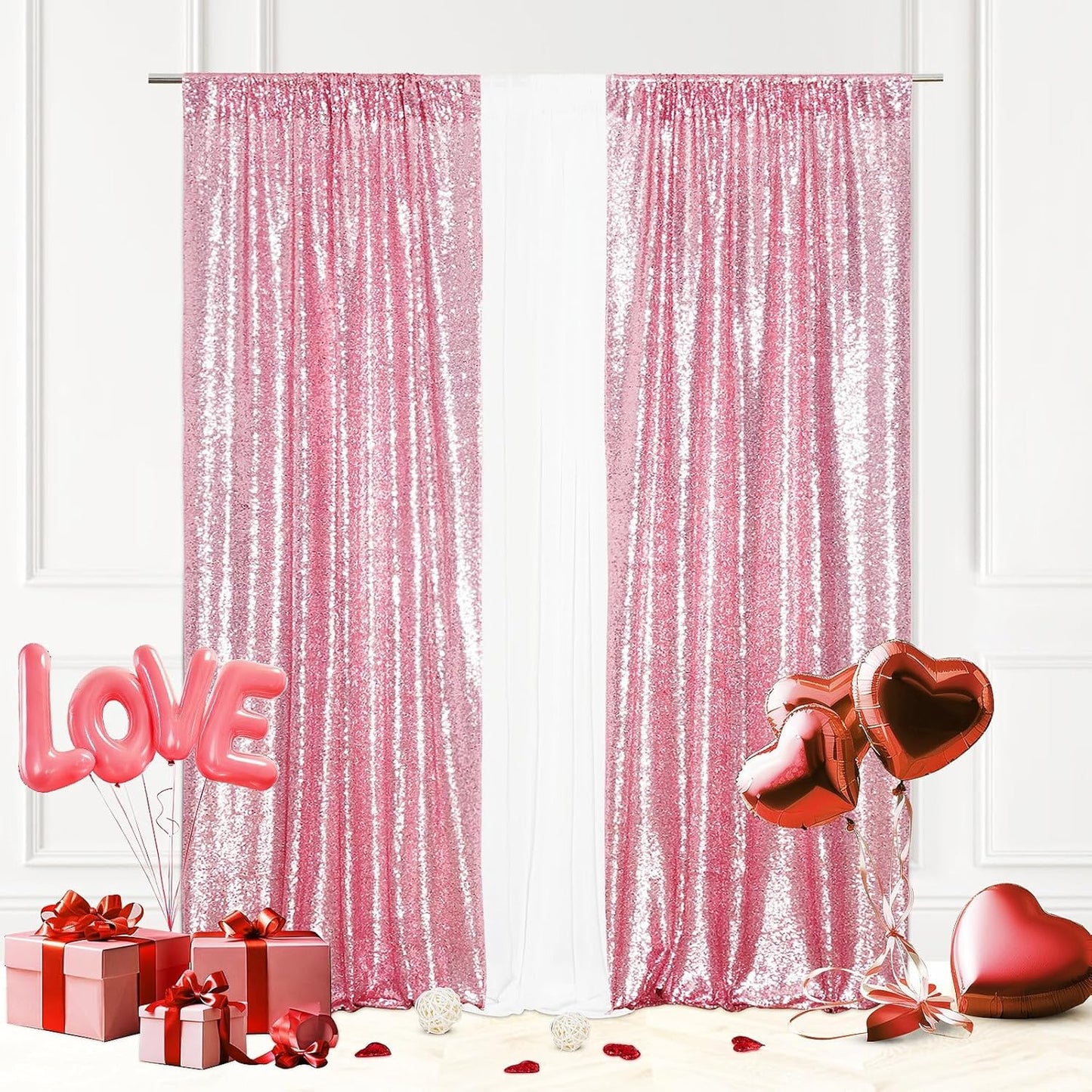 Eternal Beauty Sequin Backdrop Curtains, 2x8 Ft-2 Panels Fuchsia Pink Back Drop for Shimmer Photography Party Wedding Birthday Decor