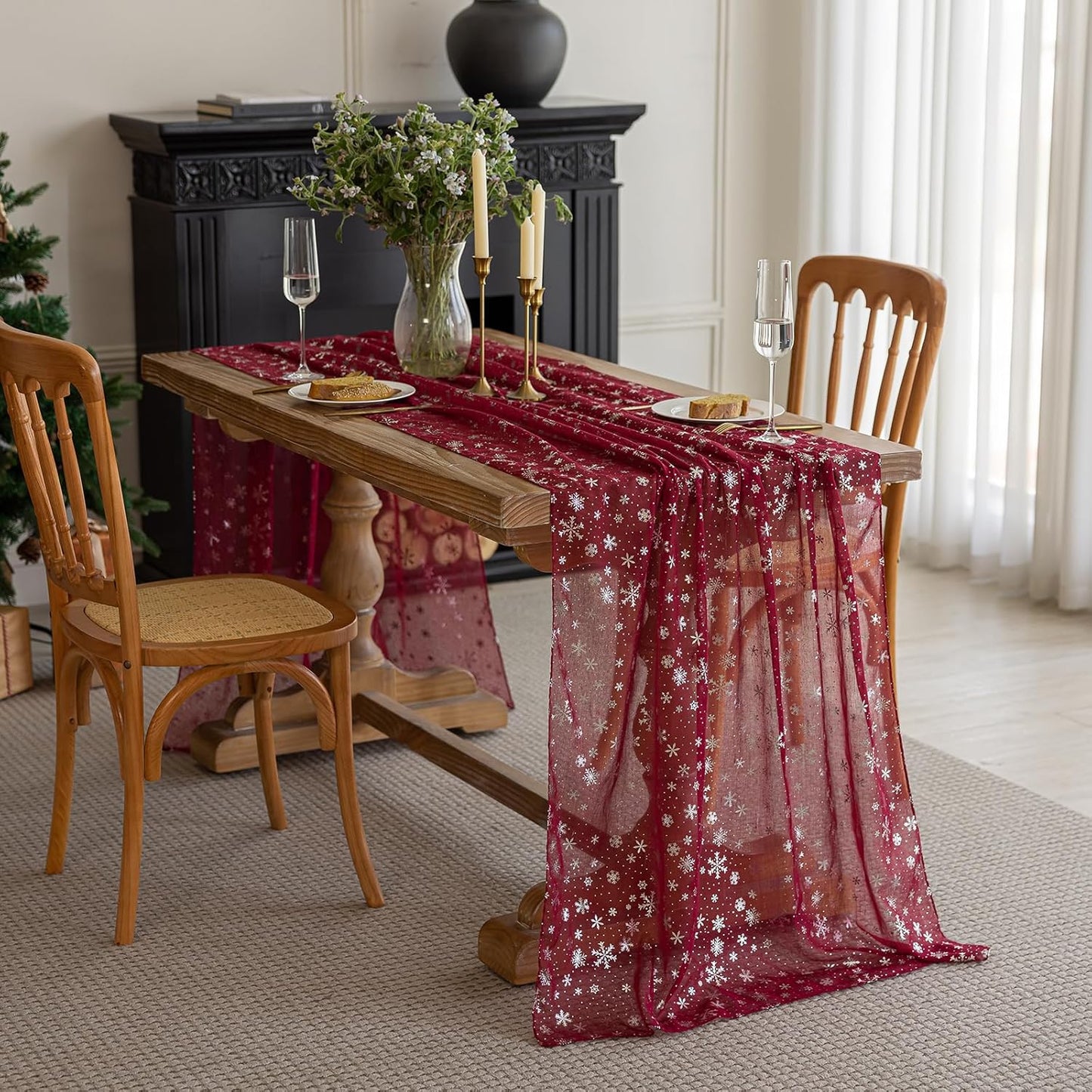 Silvery Snowflake Metallic Print Tulle Christmas Table Runner, Seasonal Winter Kitchen Dining Table Decoration for Home Party Decor 35x120 Inch (Burgundy)