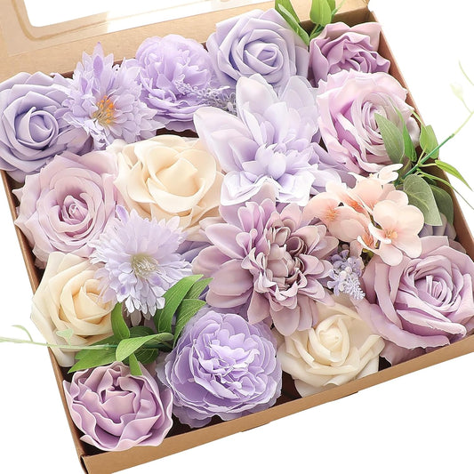 Floroom Lavender Violet Lilac Artificial Flowers Fake Roses Peonies Dahlias Greenery Combo Box Set for DIY Purple Wedding Bouquets Bridal Shower Centerpieces Floral Arrangements Party Table Decoration