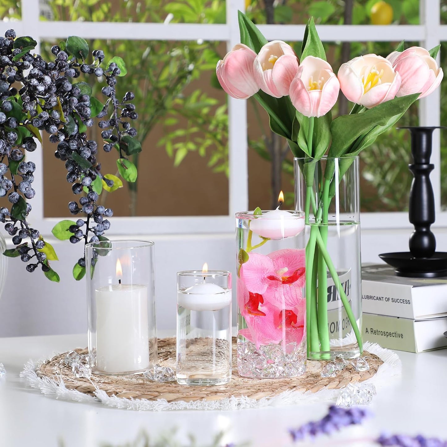 4 PCS Glass Vases for Centerpieces with 5 White Floating Candles 100 Fake Ice Acrylic Rocks Vases Fillers for Party Table Wedding Home Centerpieces Decoration