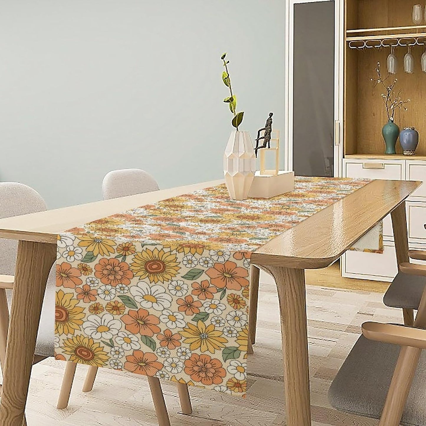 Vintage Floral Table Runner,Boho 70s Style Retro Daisies Flower Table Runner for Kitchen Dining Table Home Party Decoration 13x90 Inch