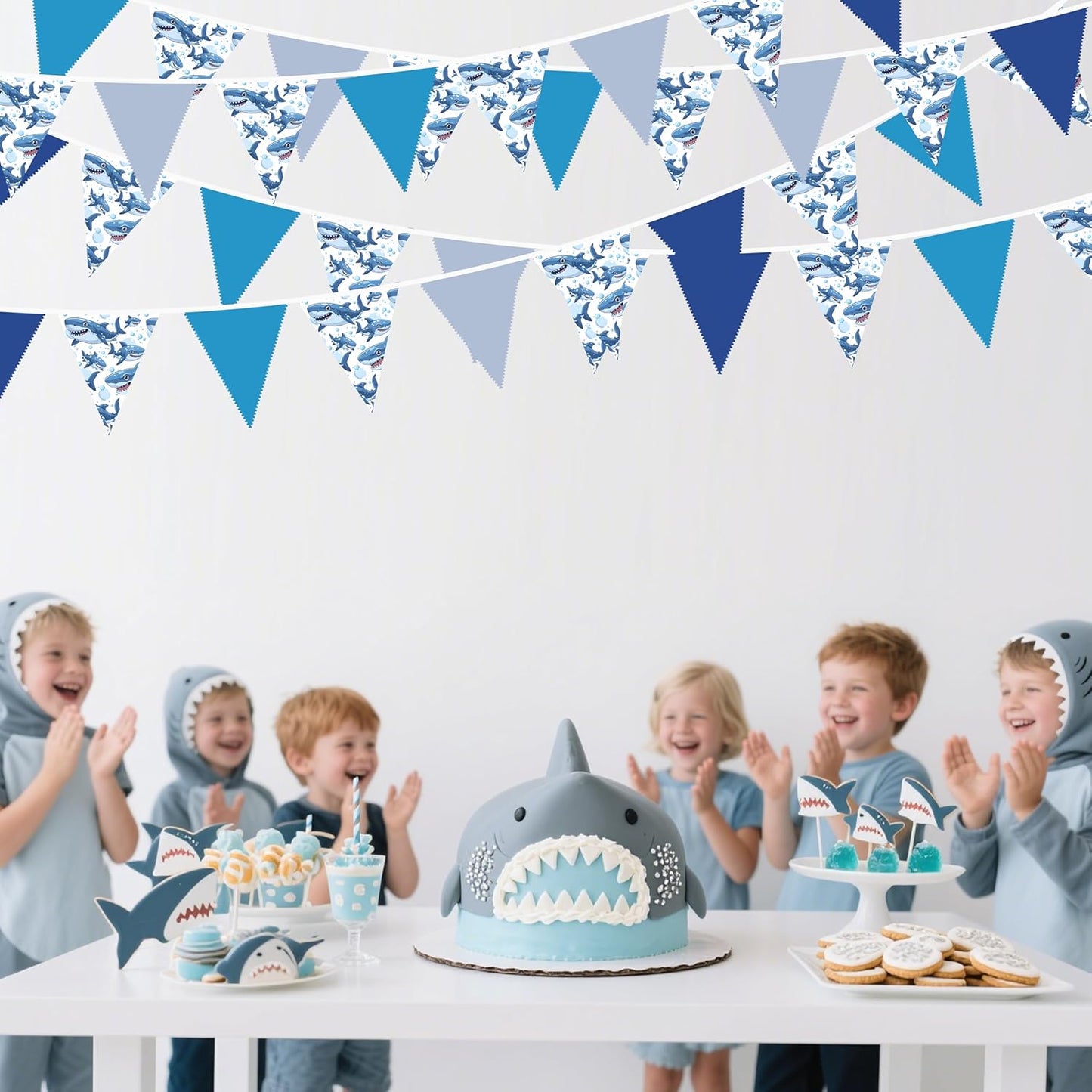32Ft Shark Party Decorations Blue Cute Shark Triangle Flag Pennant Banner Fabric Garland Streamer for Kids Boys Ocean Birthday Sea Animal Nautical Baby Shower Under The Sea Party Decor Supplies